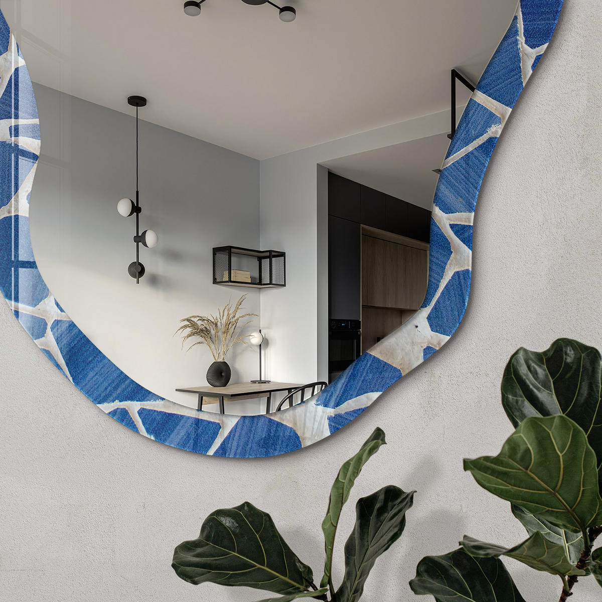 SPIEGEL 90x45 cm asymmetrisch mit Druck - Blaues Mosaik - Transparent, Glas (45/90/0.4cm) - TULUP