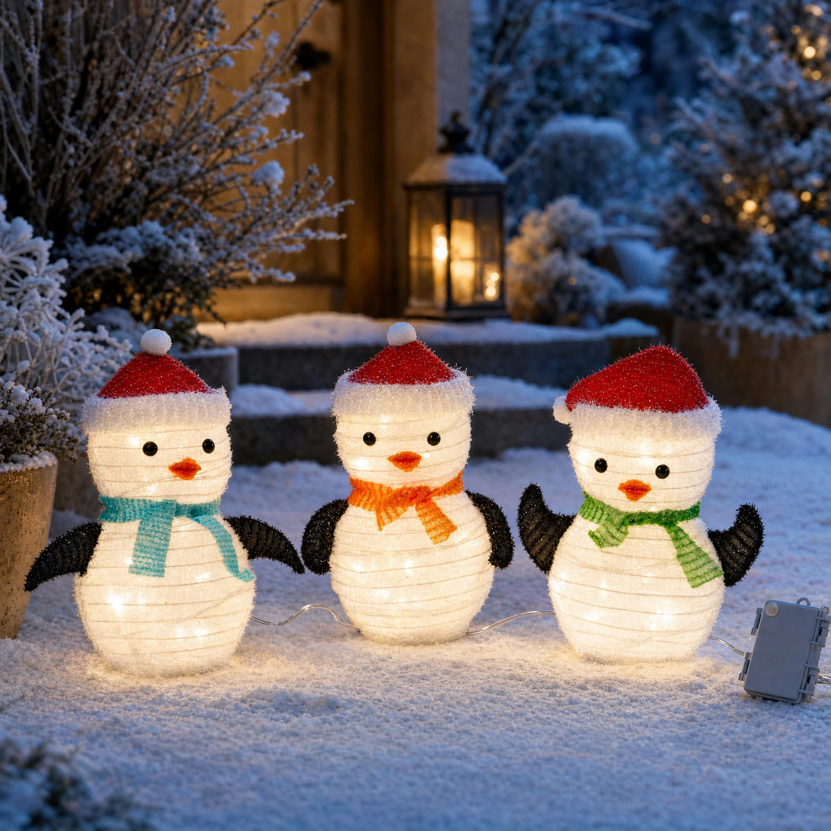 LED-PINGUIN-FIGUR - 45 Lichter mit Timer und Batteriebetrieb für winterliche Garten-Dekoration, 3er-Set - Weiß, Kunststoff (15/22/25cm) - Northpoint