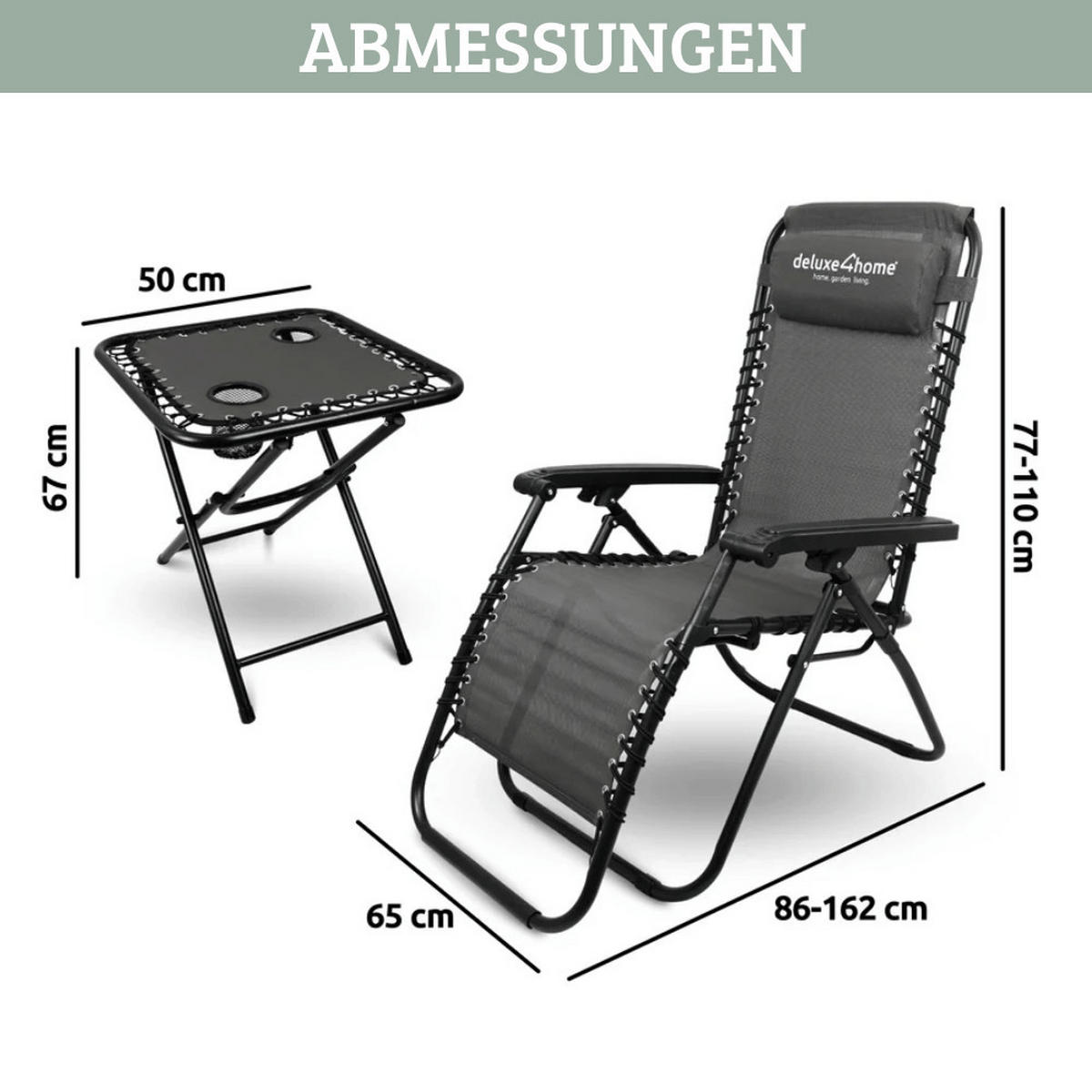 LIEGESTUHL Klappbar 2er Set BRUK mit Klapptisch Anthrazit - Anthrazit, Metall (65/77/86cm) - DELUKE