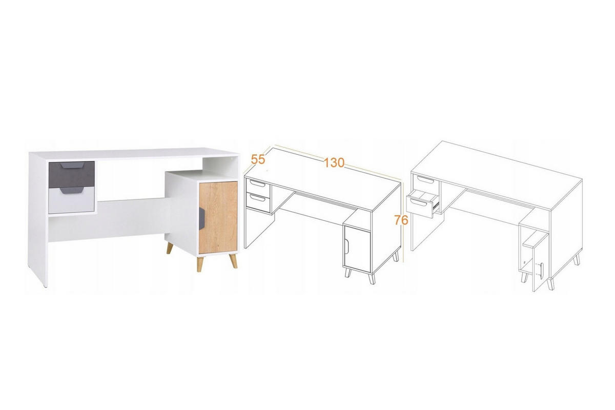 JUGENDZIMMER-SET JUSTIN E 5-teilig in Weiß / Graphit / Grau / Eiche - Eichefarben/Graphitfarben, Holzwerkstoff (331/190/55cm) - Deine Möbel 24
