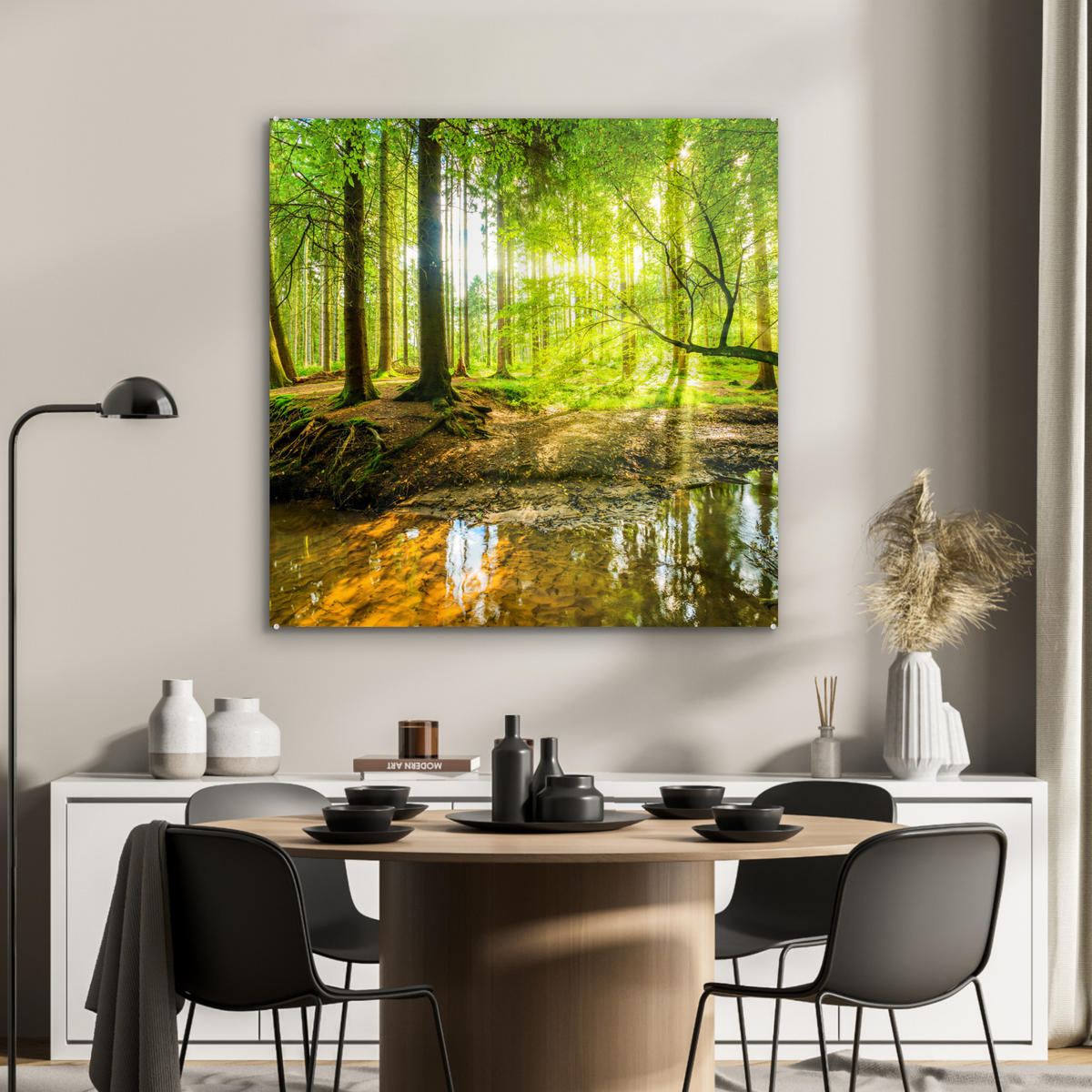 ACRYLGLASBILD Wald - Landschaft - Wasser - Bäume - Sonne - Grün - Natur 90x90 cm - Grün, Glas (90/90cm) - MuchoWow