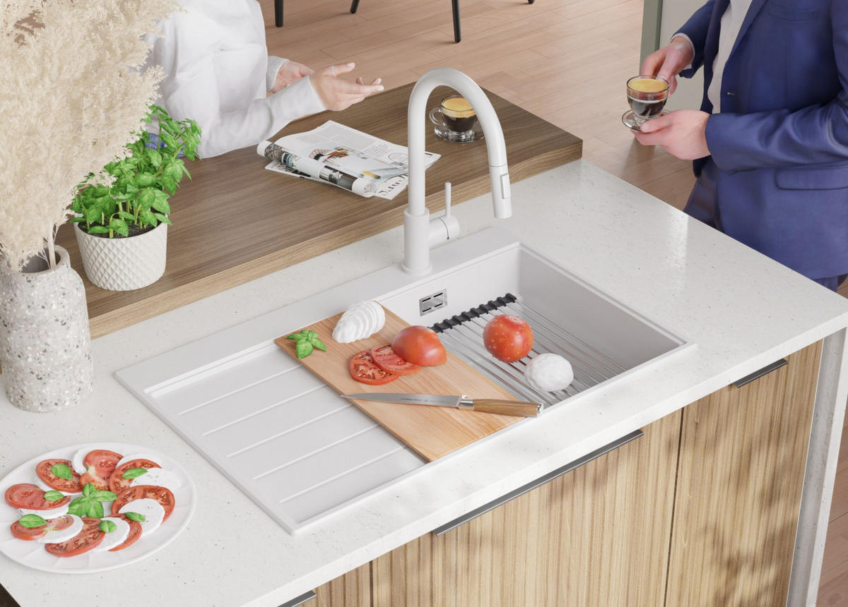 SPÜLBECKEN Sydney, 2-er set Weiß 78/50 cm 1 Becken + Ablauf-Set + Küchenzubehörset ab 45er Unterschrank - Chromfarben/Beige, Kunststoff (78/20/50cm) - Primagran