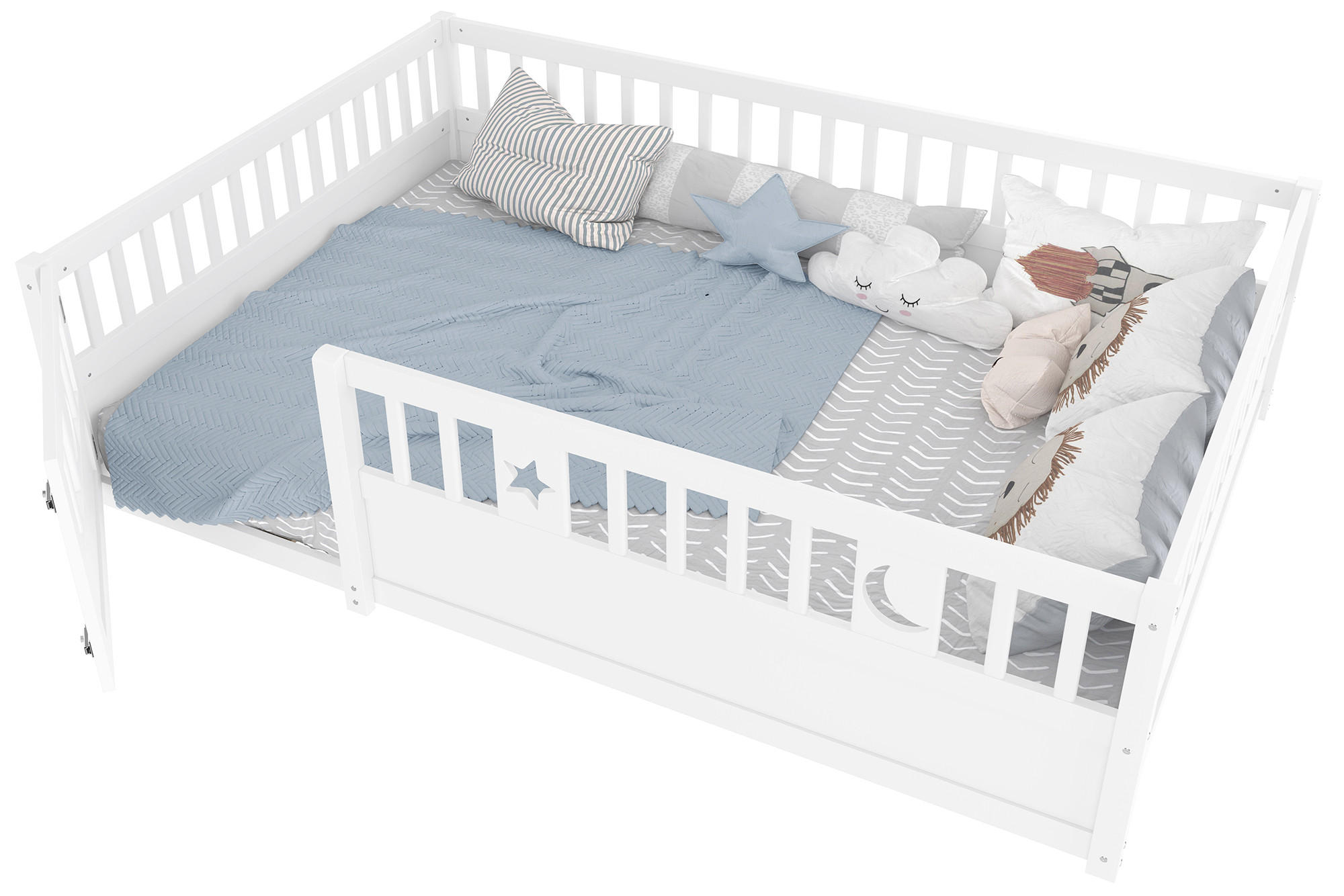 KINDERBETT 140x190 cm Paneelbett Weiß mit Gitter Stern Mond - Weiß, Holzwerkstoff - Gisaae