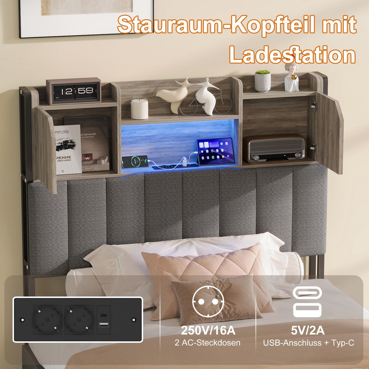 POLSTERBETT 90x200 cm mit LED und USB, Einzelbett mit Lattenrost und Kopfteil, 2 Schubladen, Bett 90x200, Leinenstoff, Grau - Grau, Holzwerkstoff/Textil (90/200cm) - GENKI LIVING