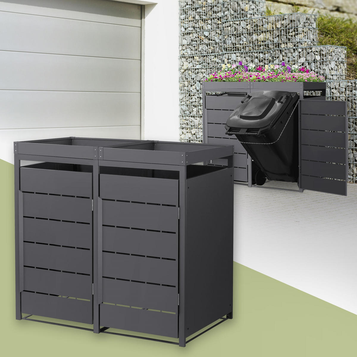 MÜLLTONNENBOX 2er mit Pflanzdach 240L 132x80x124 cm Anthrazit aus Stahl - Anthrazit, Metall (80/124/132cm) - ML-DESIGN