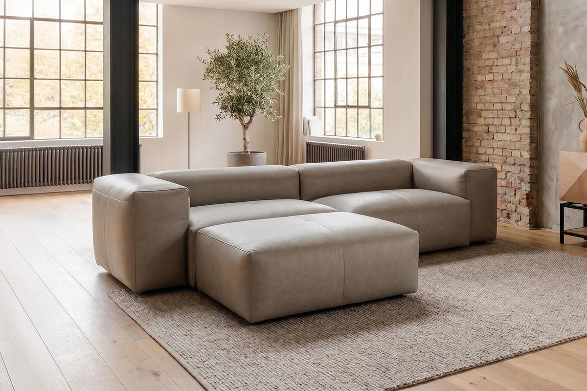 SOFA CELESTE Grau Leder - Schwarz/Grau, Leder/Kunststoff (302/114cm) - KAWOLA