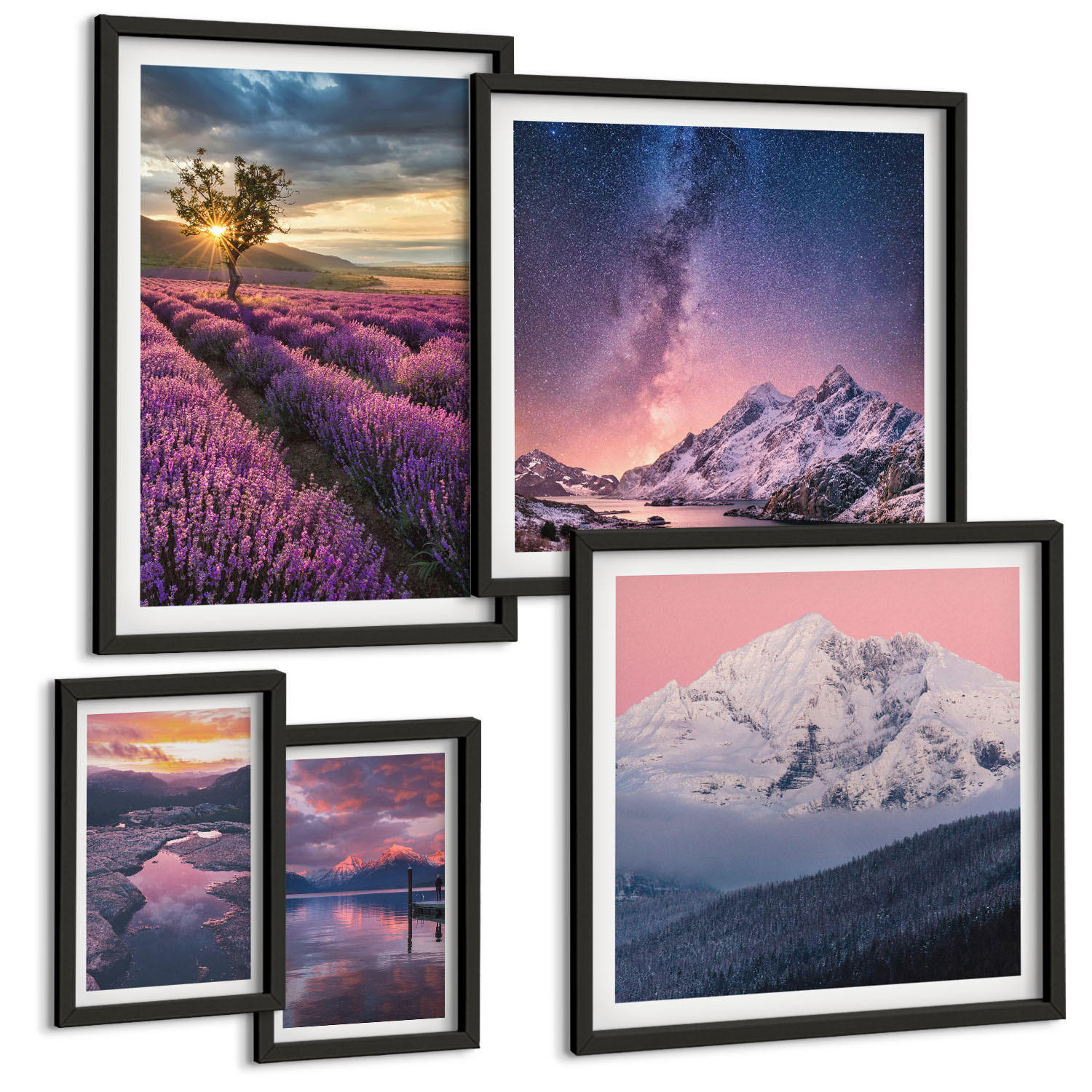 BILDER SET 5er Set - 50x50 cm & 20x30 cm & 40x60 cm Schwarzer Rahmen - Nachtstädte mit Neonlichtern - Schwarz, Kunststoff (40/60cm) - TULUP