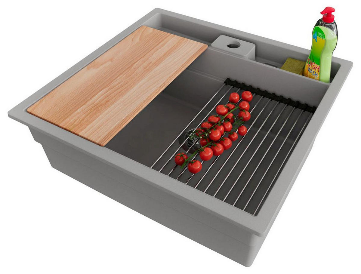 UNTERBAUSPÜLE GRANIT Bergen Pocket, 2-er set Grau 56/54 cm 1 Becken + Ablauf-Set + Küchenzubehörset ab 60er Unterschrank - Chromfarben/Beige, Kunststoff (56/20/54cm) - Primagran