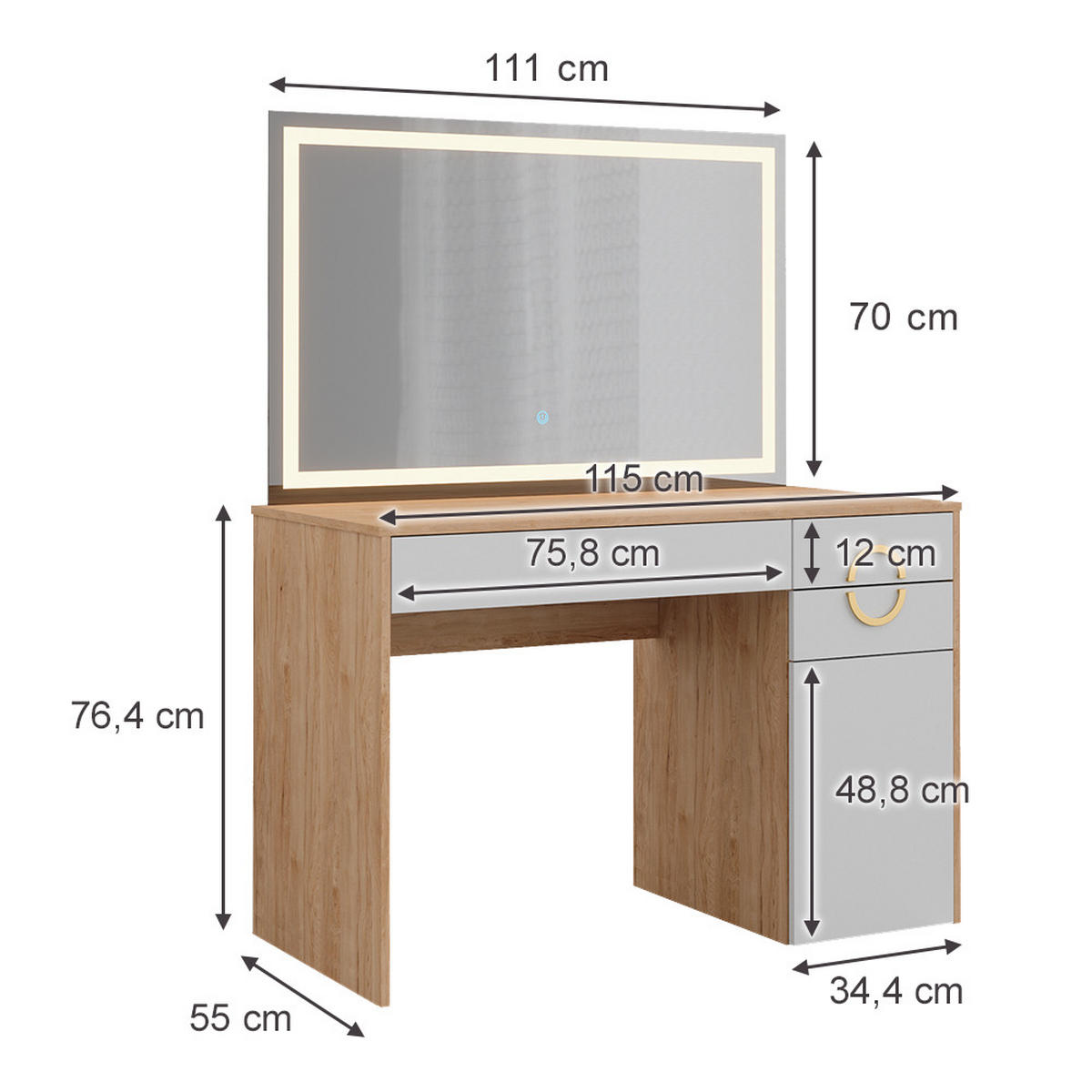 SCHMINKTISCH Adela Natural Rockford Hickory 115 cm mit LED-Spiegel - Weiß/Sonoma Eiche, Holzwerkstoff (115/76.4/55cm) - Vicco