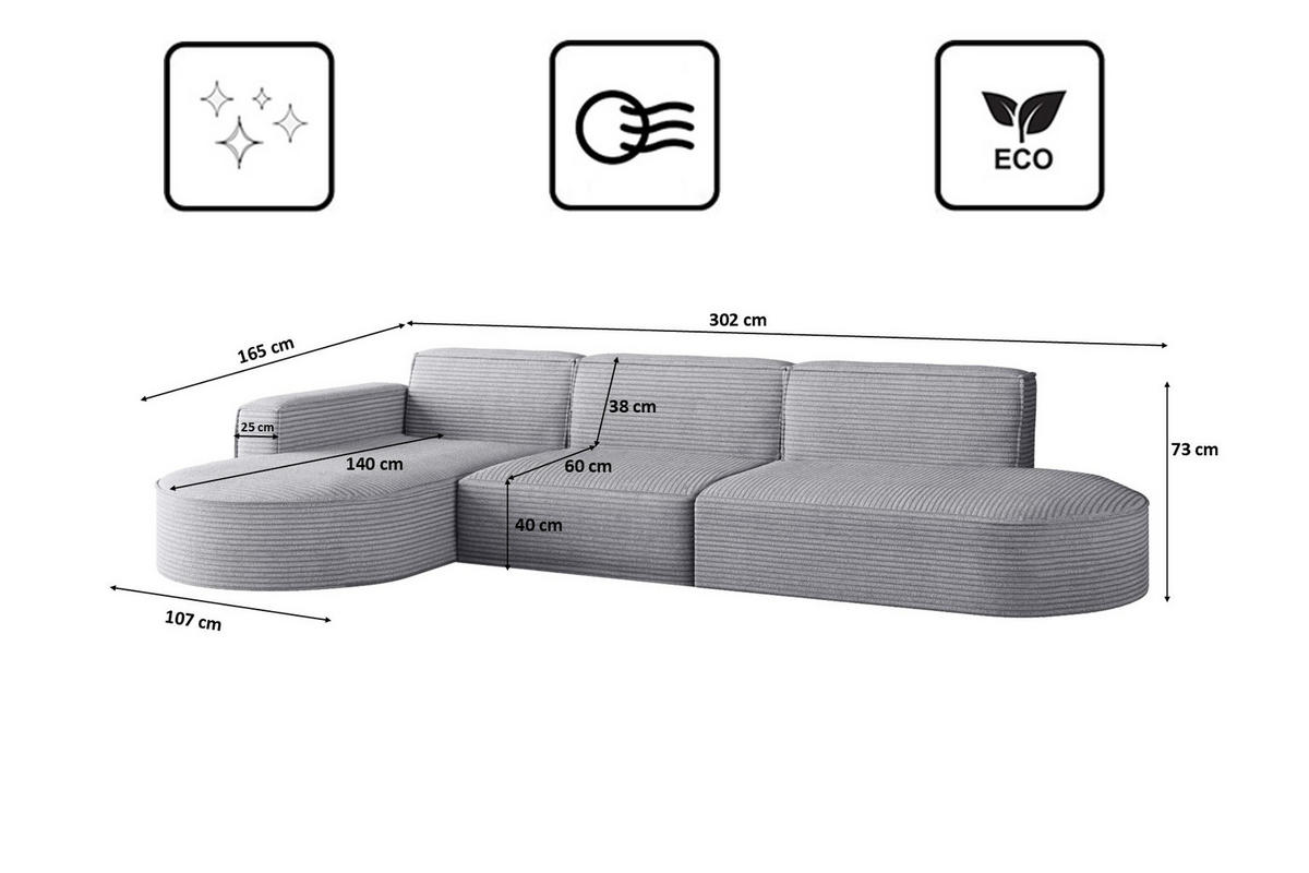 ECKSOFA Designer, Sofa L form MODENA 302 cm stoff Poso Hellgrau Links - Hellgrau, Holz (302/296cm) - Kaiser Möbel