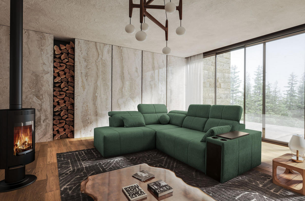 ECKSOFA Mindy VII mit Schlaffunktion und verstellbarer Rückenlehne, Stoff Verita Grün Links - Grün, Holz/Textil (230/288cm) - Kaiser Möbel