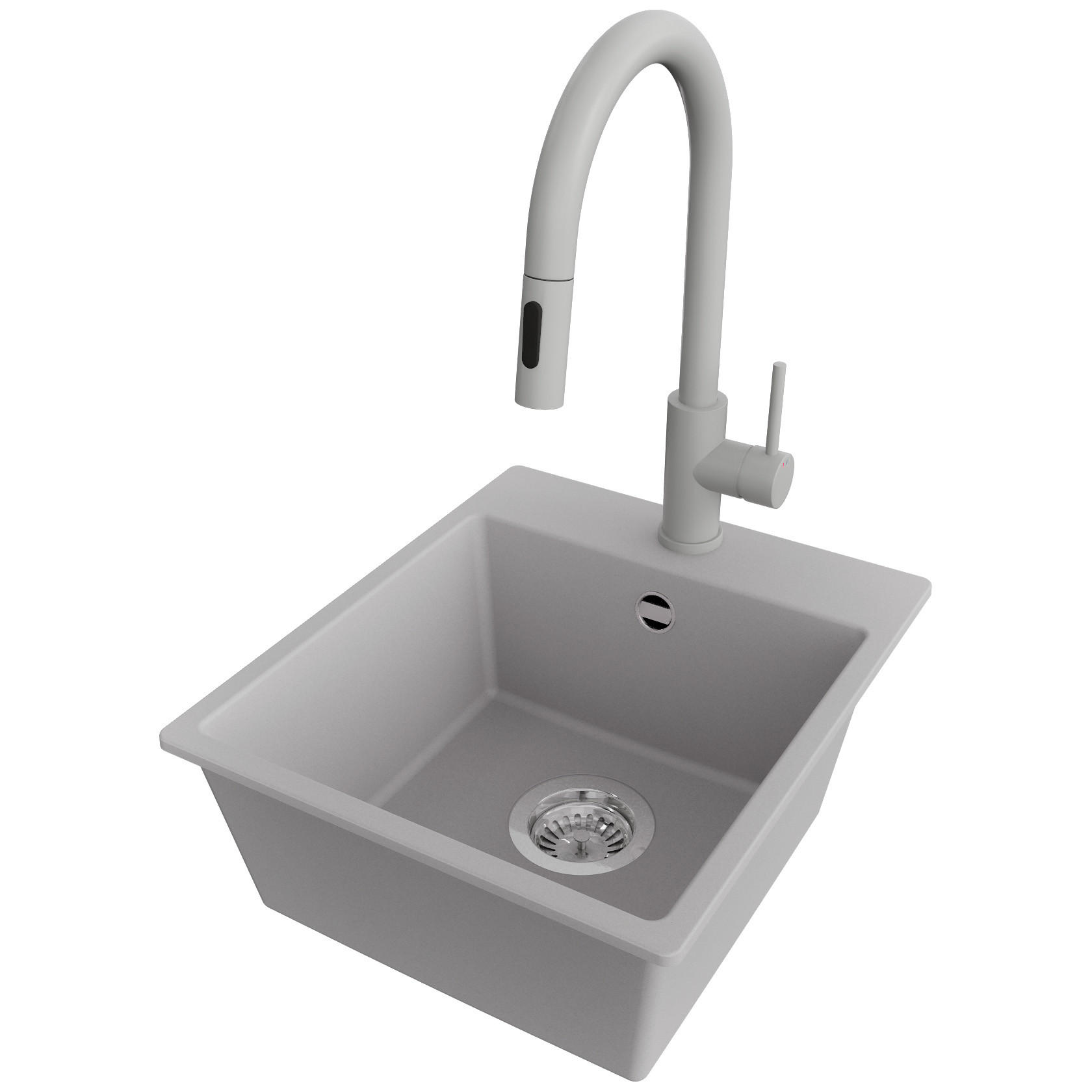 GRANITSPÜLE Riga Easy, 2-er set Grau 38/44 cm 1 Becken + Küchenarmatur 40/20 cm + Ablauf-Set ab 40er Unterschrank - Chromfarben/Grau, Kunststoff (38/19/44cm) - Primagran