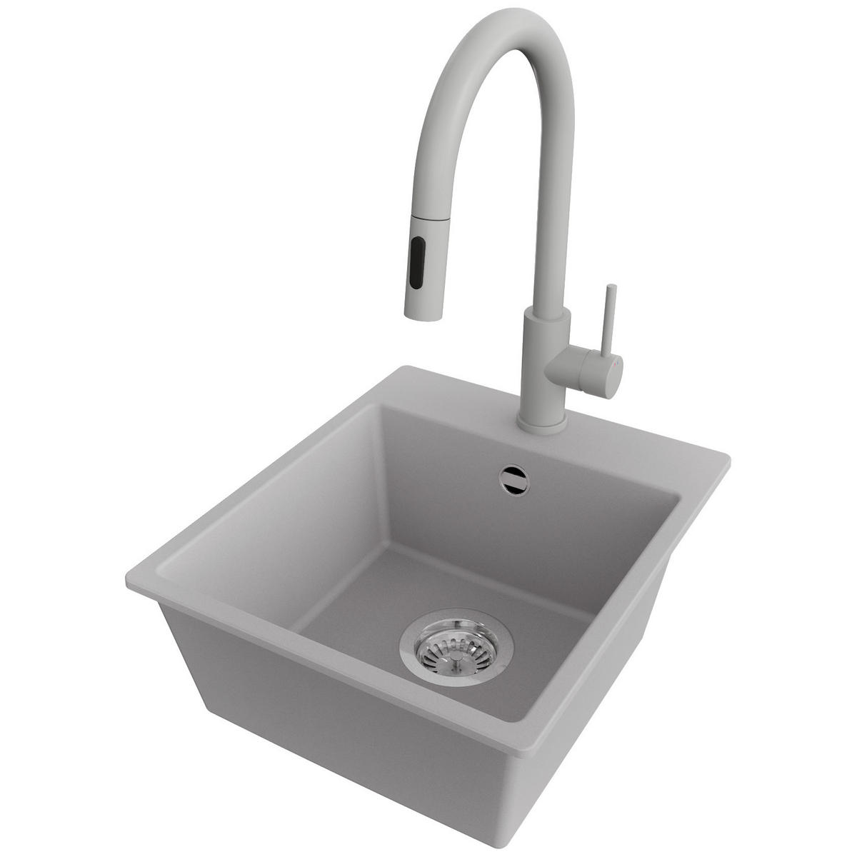 GRANITSPÜLE Riga Easy, 2-er set Grau 38/44 cm 1 Becken + Küchenarmatur 40/20 cm + Ablauf-Set ab 40er Unterschrank - Chromfarben/Grau, Kunststoff (38/19/44cm) - Primagran