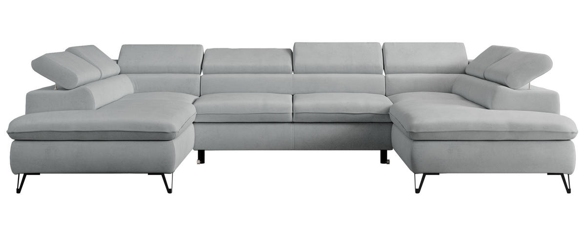 WOHNLANDSCHAFT PETER U Samt Hellgrau - Hellgrau/Schwarz, Textil/Metall (346/76/208cm) - MKS