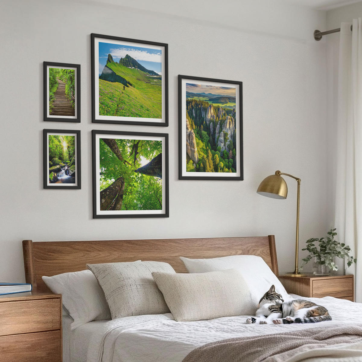 BILDER SET 5er Set - 50x50 cm & 20x30 cm & 40x60 cm Schwarzer Rahmen - Grüne Berge Wasserfallwald - Schwarz, Kunststoff (40/60cm) - TULUP
