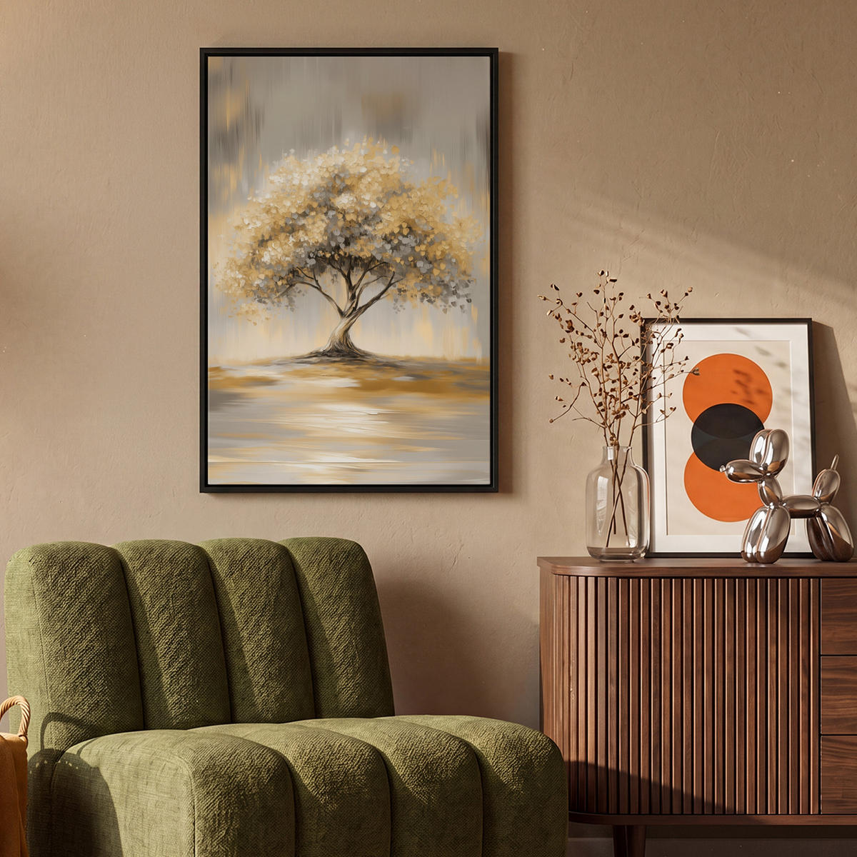 LEINWAND Bilder mit Rahmen - Gemälde - Baum - Abstrakt - Blätter - 60x90 - Beige, Textil (60/90cm) - MuchoWow
