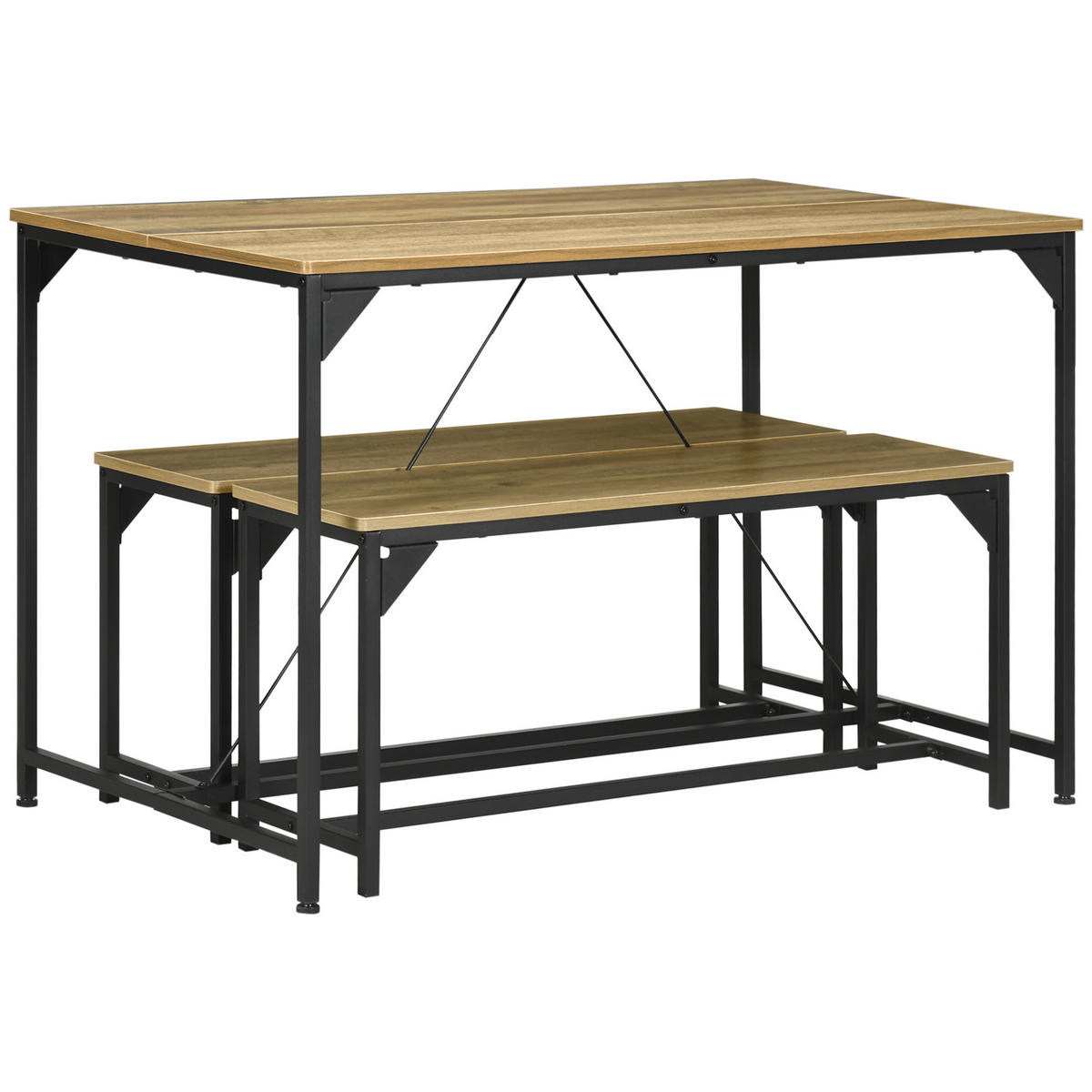 ESSGRUPPE mit Tisch und 2 Bänken für 4 Personen, Küchen- und Esszimmermöbel mit Stahlgestell, Naturholz-Optik und Schwarz - Naturfarben, Metall (120/75/70cm)