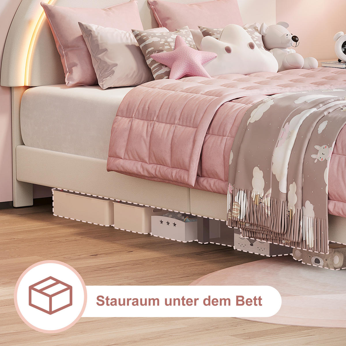 KINDERBETT 90x200 cm mit Hasen-Design, Ambiente-LED, Lattenrost, einfacher Montage, Weiß - Weiß, Holz (90/200cm) - BRILVERDE