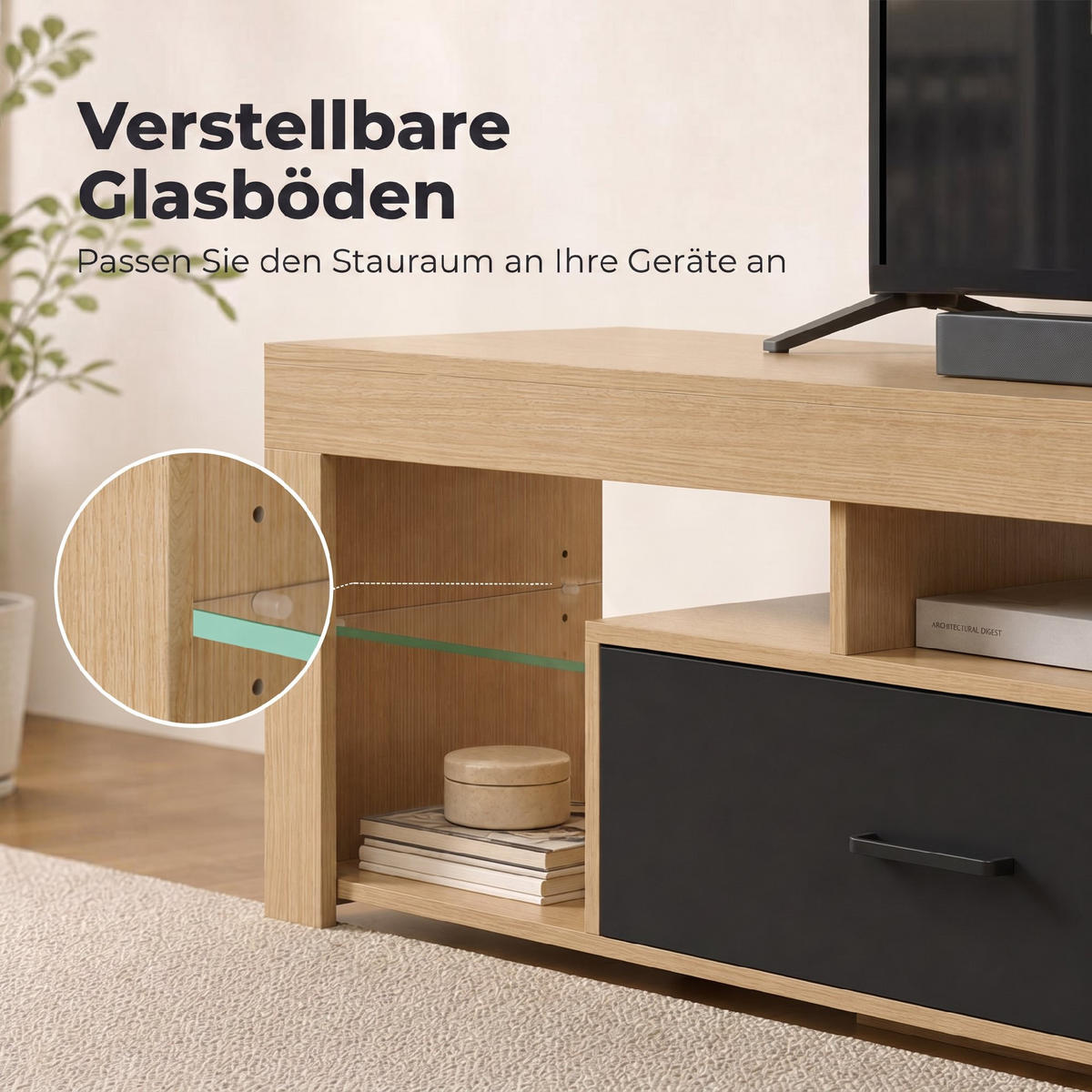 TV-LOWBOARD Spanplatte Glas Eiche - Eichefarben, Glas/Holzwerkstoff (40/45/140cm) - HOMCOM