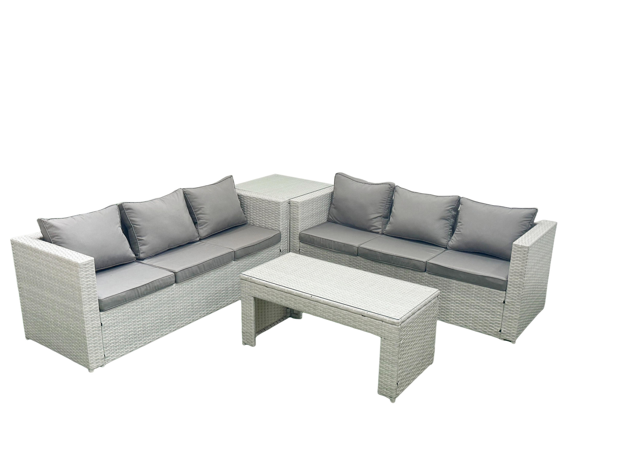 GARTENSOFA hohe Rückenlehne Polyrattan Hellgrau-Mix 6-Sitzer - Hellgrau/Grau, Glas/Kunststoff - Fimous