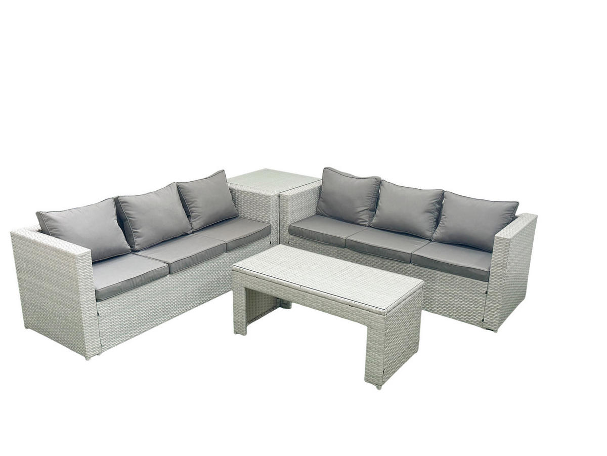GARTENSOFA hohe Rückenlehne Polyrattan Hellgrau-Mix 6-Sitzer - Hellgrau/Grau, Glas/Kunststoff - Fimous