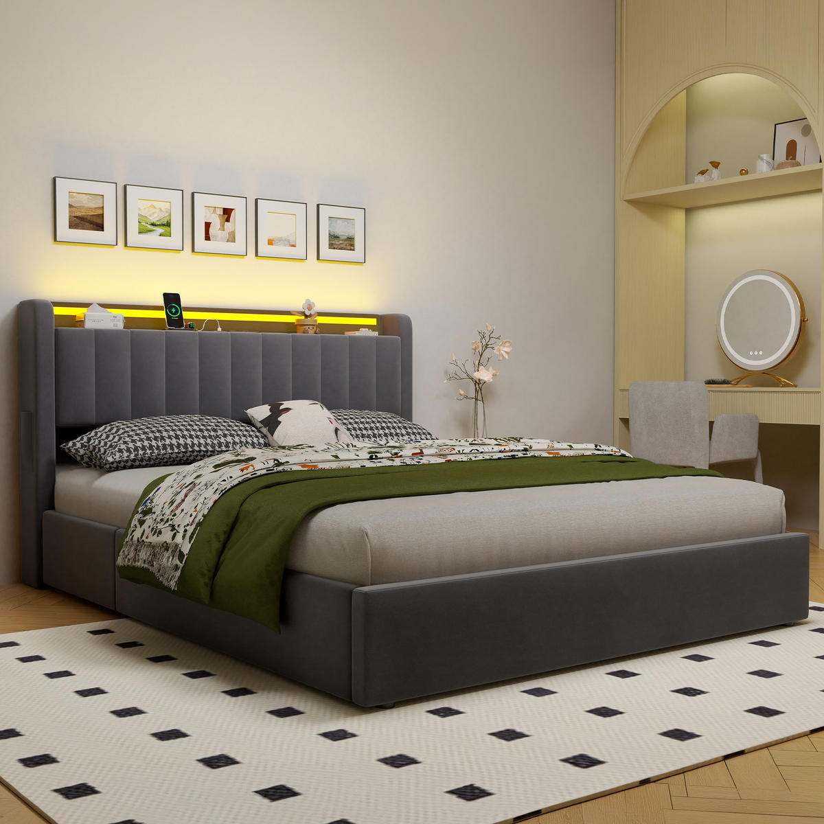POLSTERBETT 160x200 cm Gepolstert mit Integrierter LED und USB - Grau, Textil (160/200cm) - Modenvie