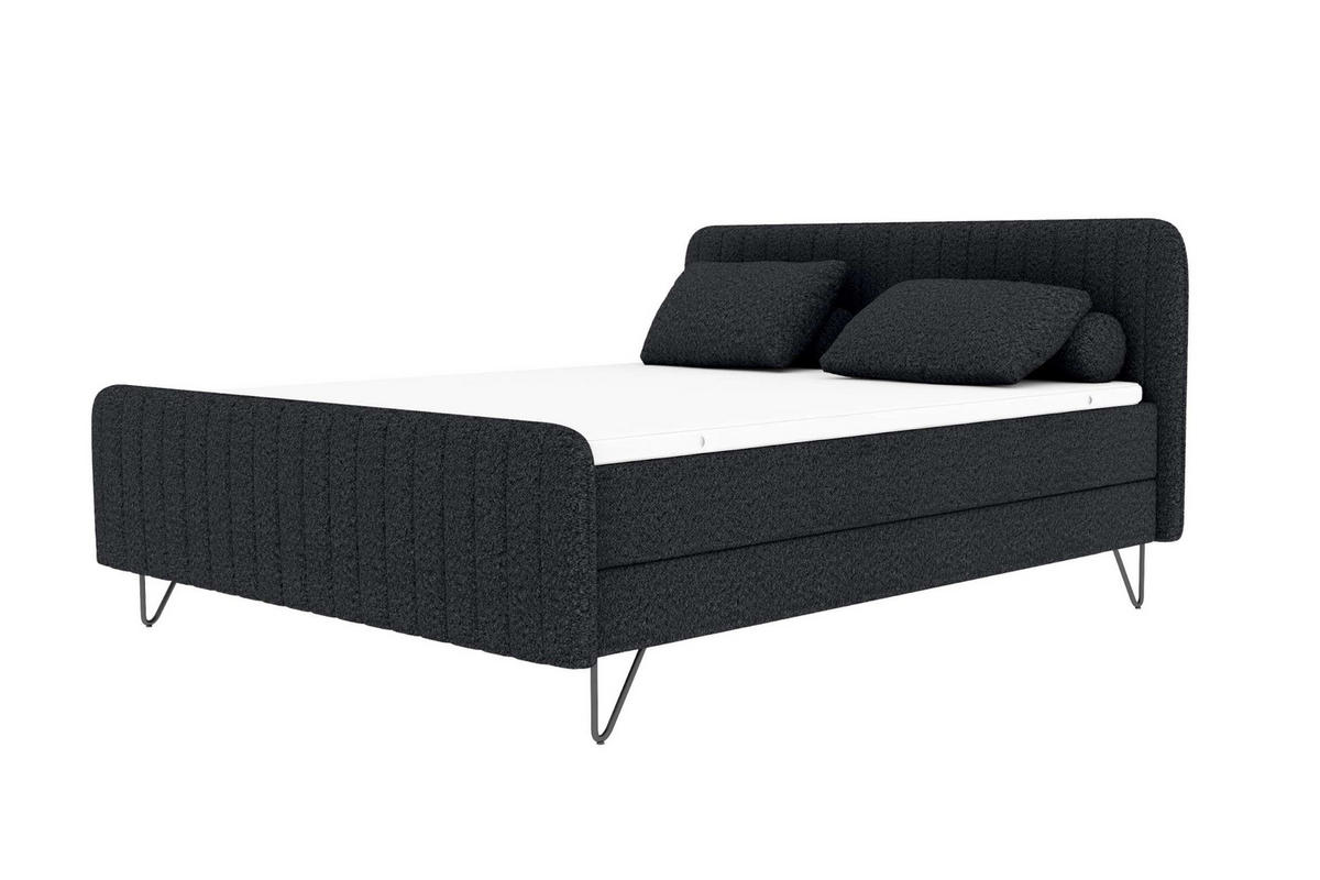 BOXSPRINGBETT LUCIO mit Hocker Bouclé-Stoff Schwarz 160/200 cm - Schwarz, Textil/Metall (160/200cm) - 99rooms