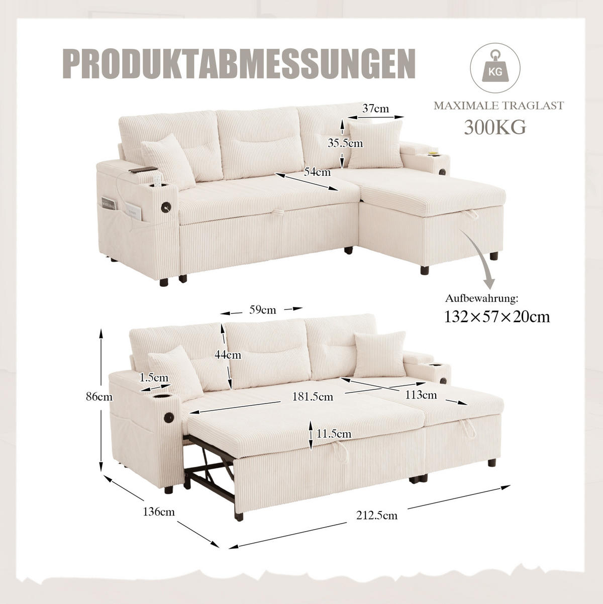 ECKSCHLAFSOFA 3-Sitzer Cord mit Stauraum USB-Anschluss und Becherhalter Beige 212,5/136/86 cm - Beige, Textil (136/212.5cm) - Redom