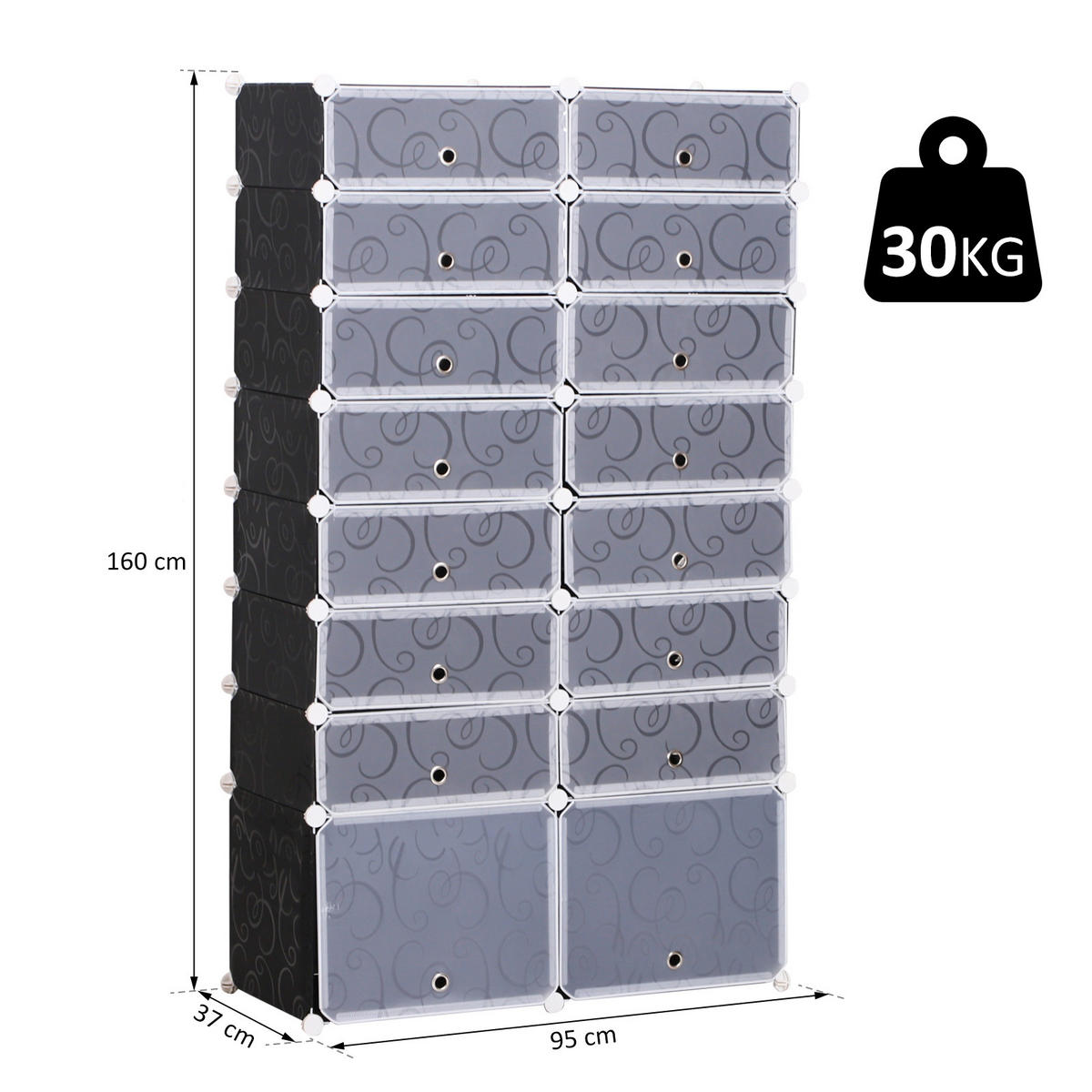 SCHUHSCHRANK, Schwarz + Weiß - Schwarz, Kunststoff (37/160/95cm) - HOMCOM