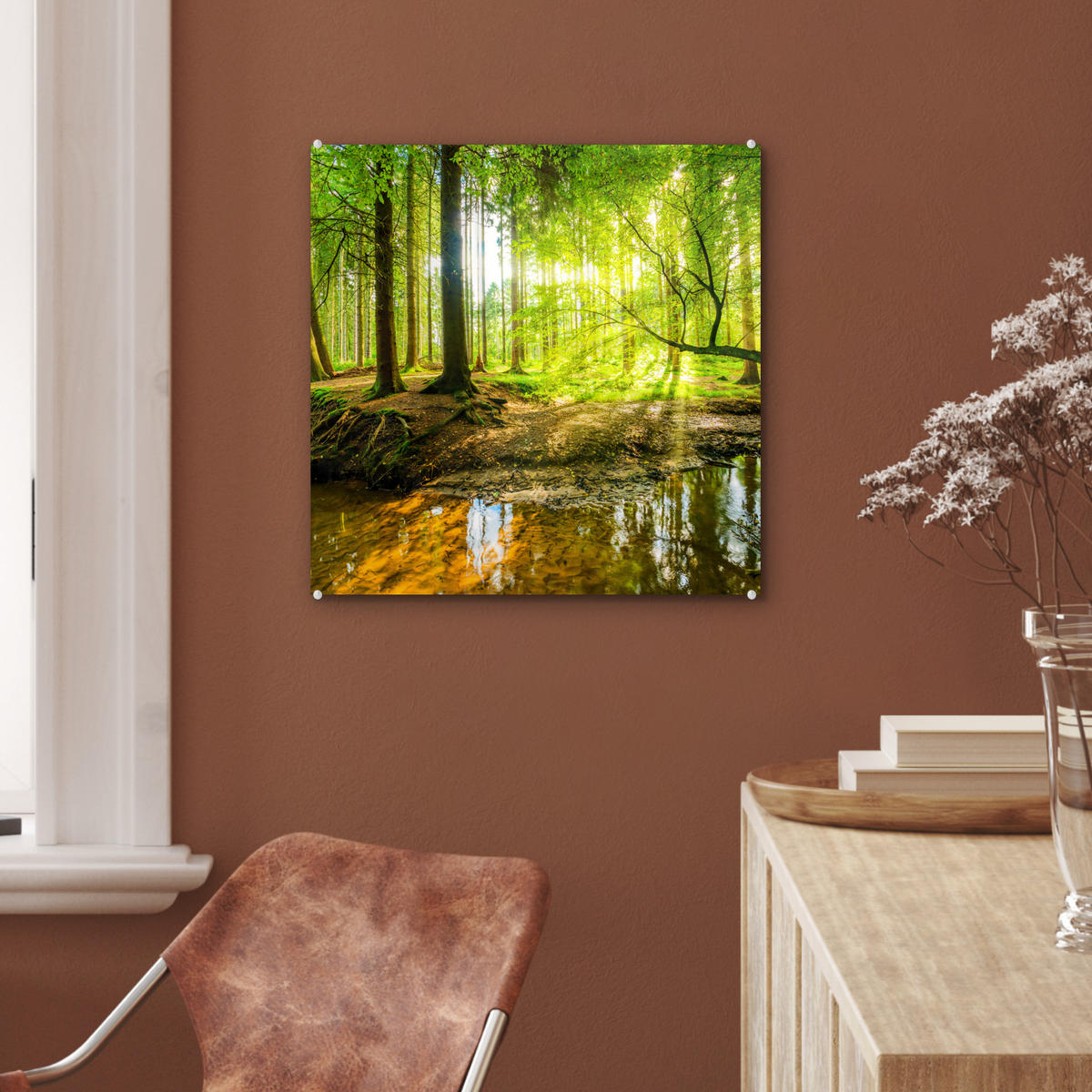 ACRYLGLASBILD Wald - Landschaft - Wasser - Bäume - Sonne - Grün - Natur 50x50 cm - Grün, Glas (50/50cm) - MuchoWow