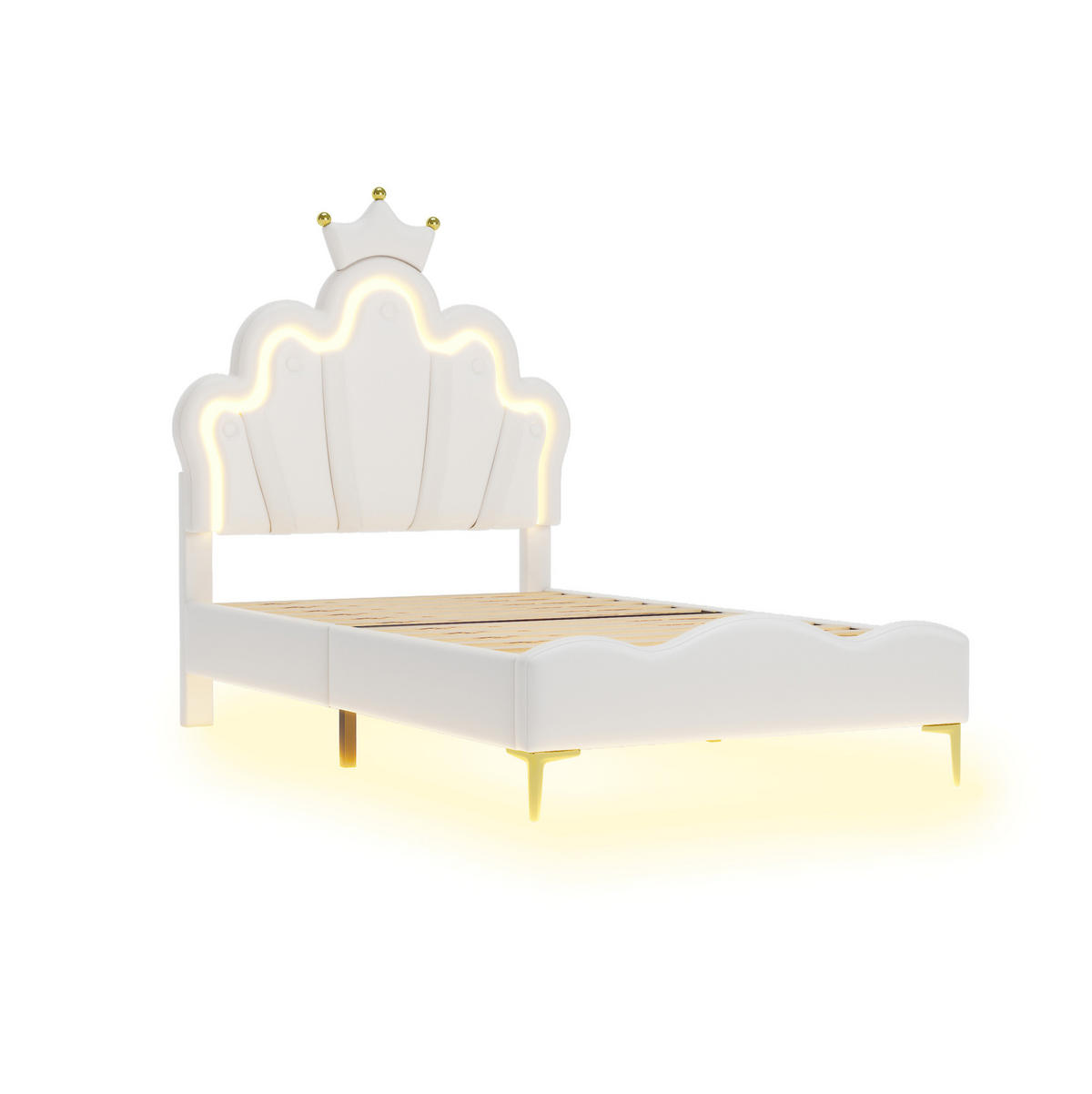 DETSKÁ posteľ 90/200 cm biela s LED osvetlením a nastaviteľnou výškou z PU kože a MDF - biela, plast (90/200cm) - OKWISH