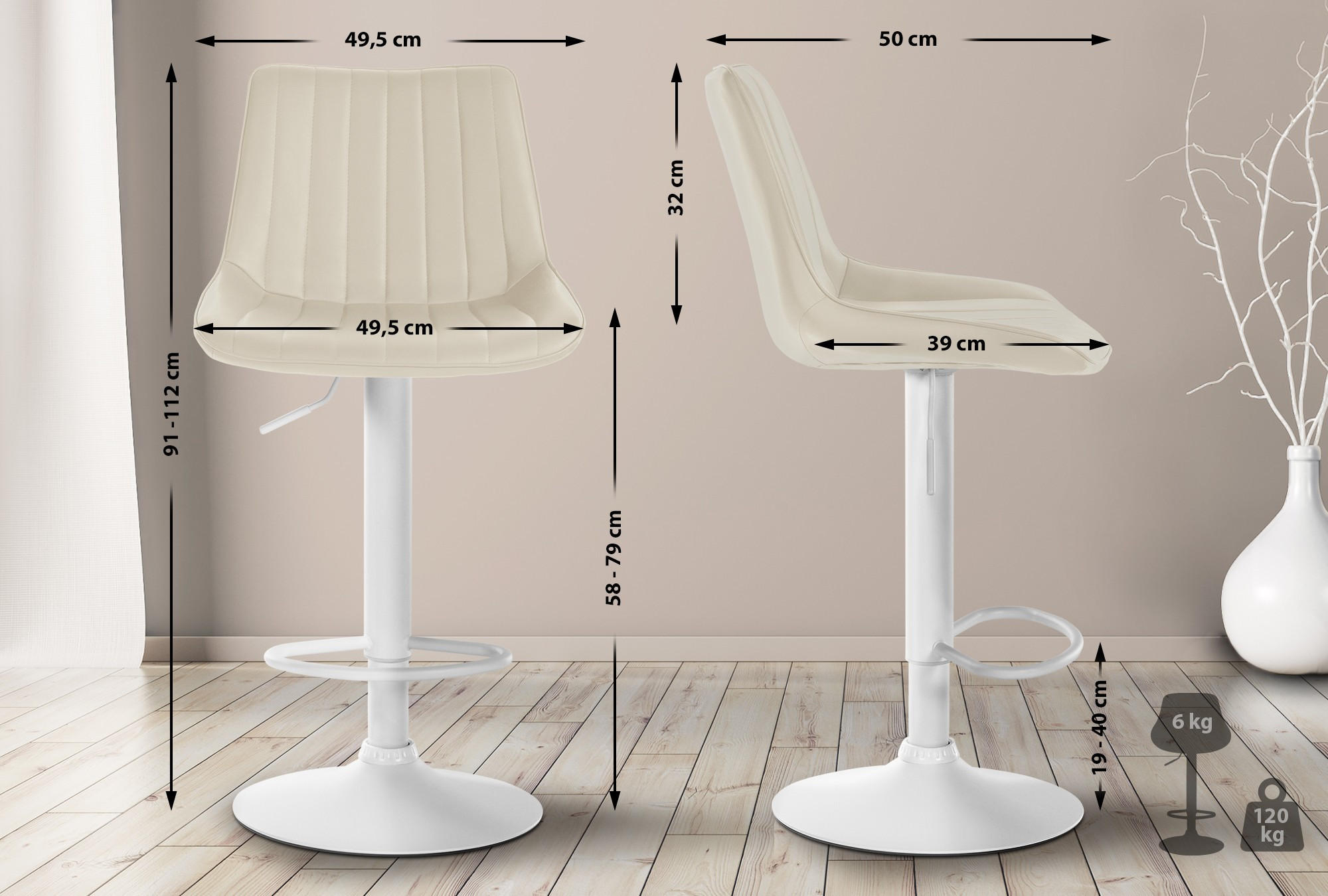 BARHOCKER Lederlook creme - Creme/Weiß, Textil/Metall (49.5/91/50cm) - CLP