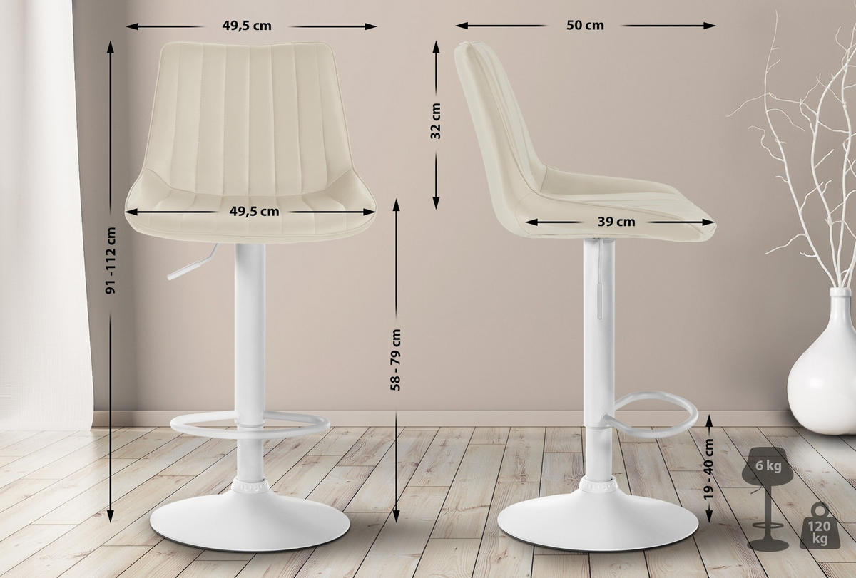 BARHOCKER RIO Creme Kunstleder Weiß - Creme, Leder/Metall (49.5/91/50cm) - DELUKE
