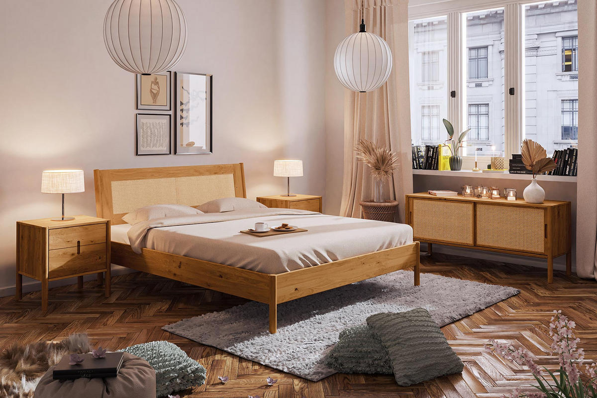 BETT MIT RATTANKOPFTEIL INA 120x220 Wildeiche - Dunkelbraun, Holz (120/220cm) - byoak