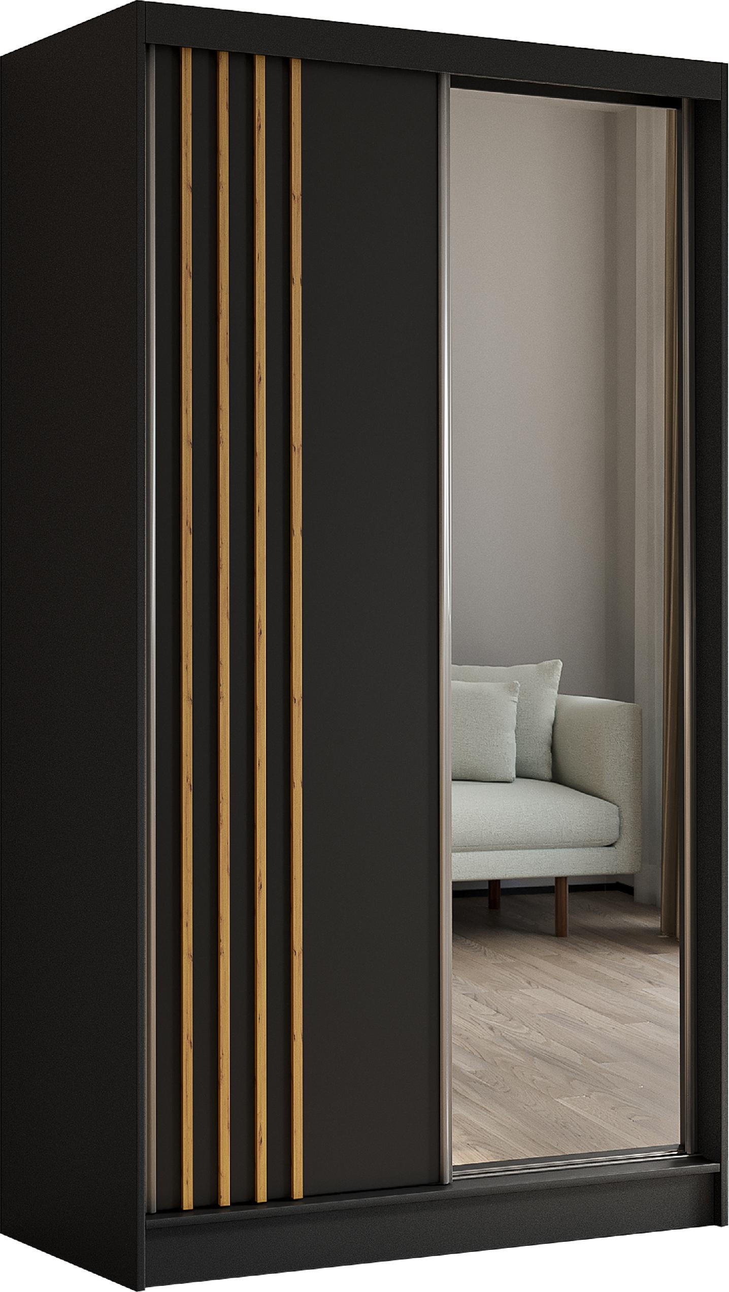 SCHWEBETÜRENSCHRANK Neli 120 cm mit Lamellen und Spiegel 2-türig, schwarz, schwarz, Lamelle Artisan - Schwarz/Eiche Artisan, Kunststoff (120/216/61cm) - Margaret Hadas24