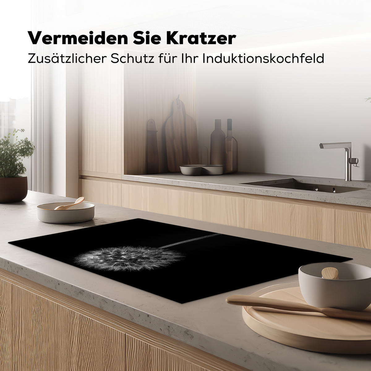 HERDABDECKPLATTE Löwenzahn - Schwarz - Floral - Botanisch Induktionsschutz 89.6x51.6 cm - Grau, Kunststoff (89.6/51.6/0.2cm) - MuchoWow