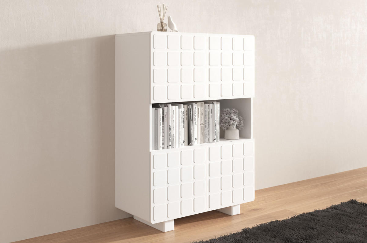 HIGHBOARD Cubo Long, Geometrische 3D Fronten, 85 x 120 cm, Weiß - Weiß, Holz/Holzwerkstoff (84.3/120/41.8cm) - Skandica