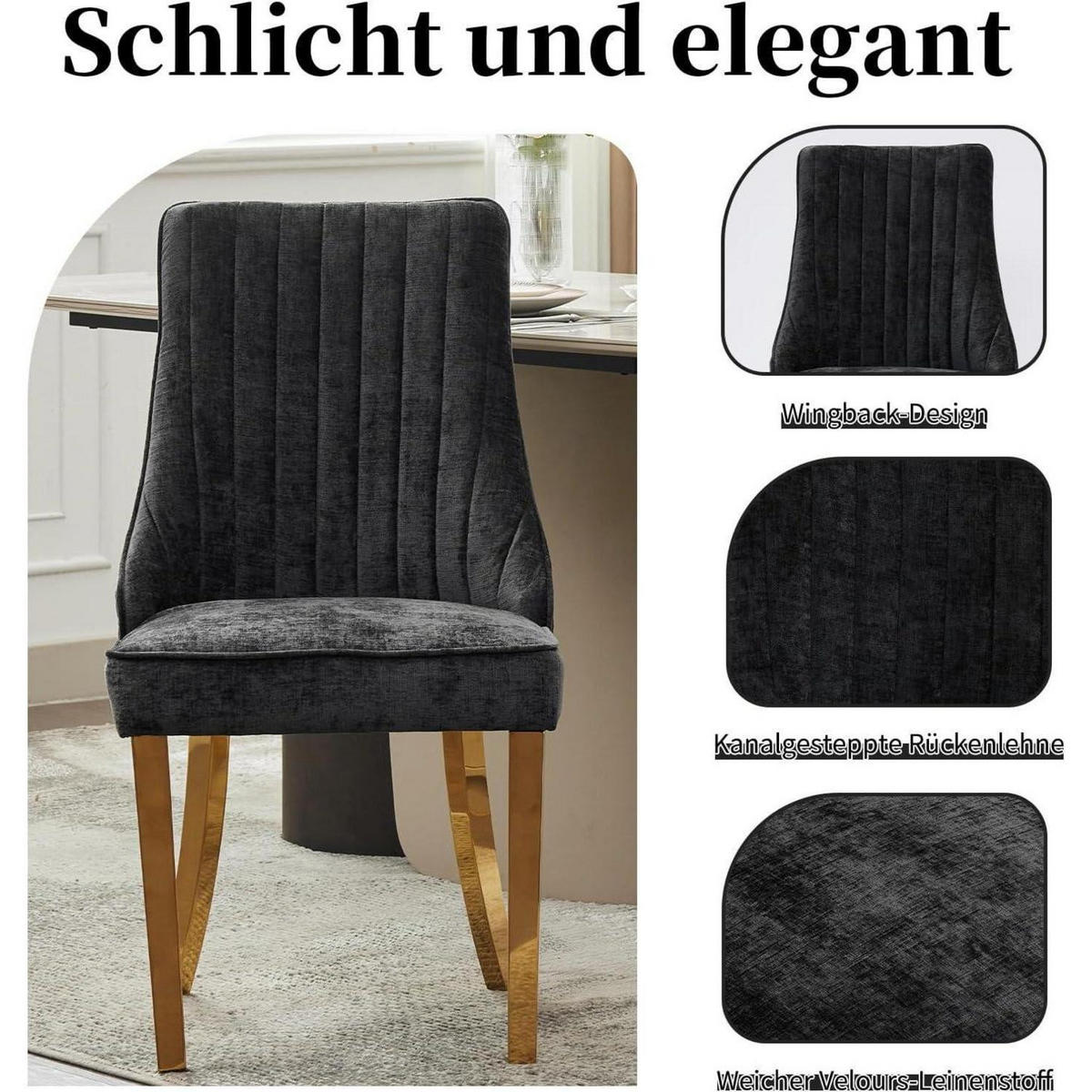 ESSZIMMERSTÜHLE 6er-Set Stoff Schwarz mit goldfarbenen Edelstahlbeinen - Schwarz, Textil (50/95.5/53.8cm)