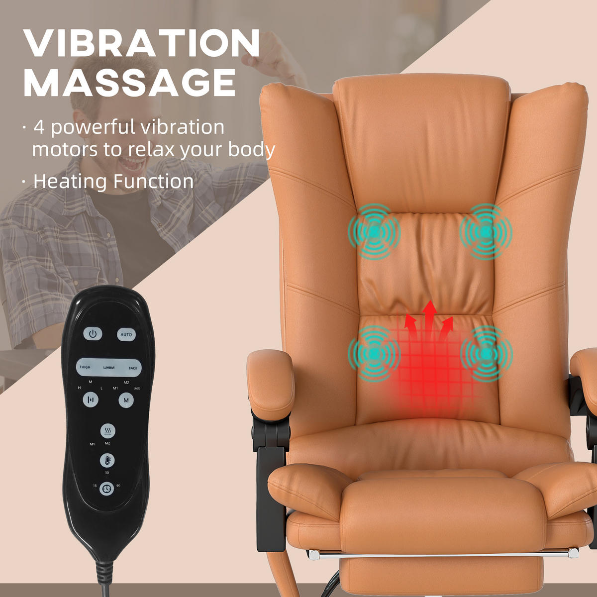 KANCELÁŘSKÁ ŽIDLE s masážní funkcí Ergonomické křeslo s vyhříváním - hnědá, plast (70/118/64cm) - Vinsetto