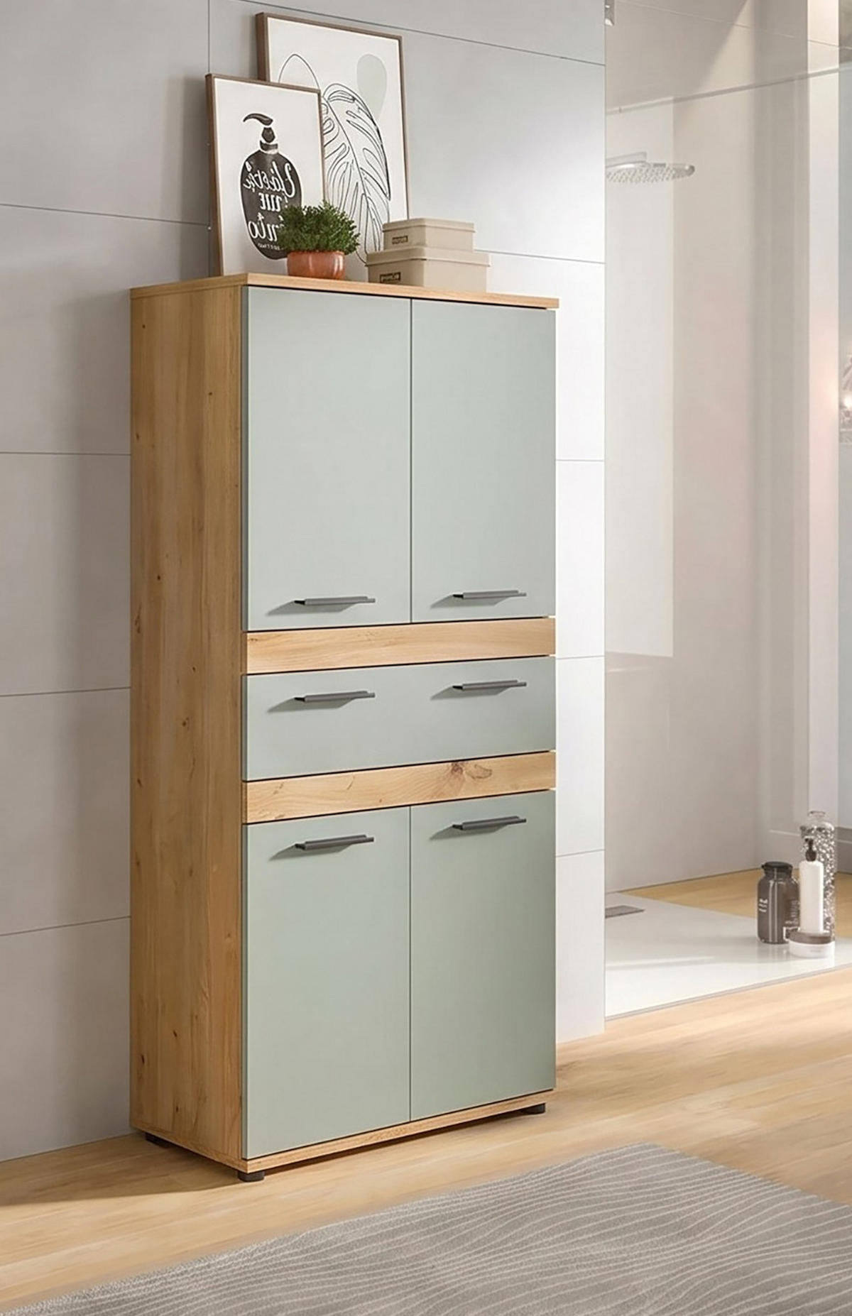 MIDISCHRANK Salbei, Artisan Eiche 70 x 137 cm, Badschrank mit vielen Fächern - Salbeigrün/Schwarz, Holzwerkstoff/Kunststoff (70/135/31cm) - Inn.Furn