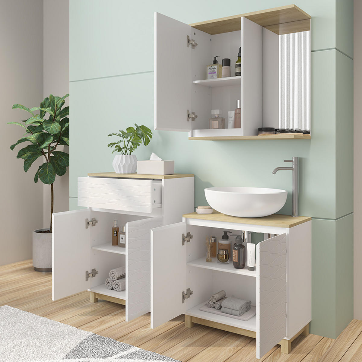 BADMÖBEL-SET Livia Weiß/Eiche 3 Teile, mit Midischrank - Eichefarben/Weiß, Holzwerkstoff (60/60/30cm) - Vicco