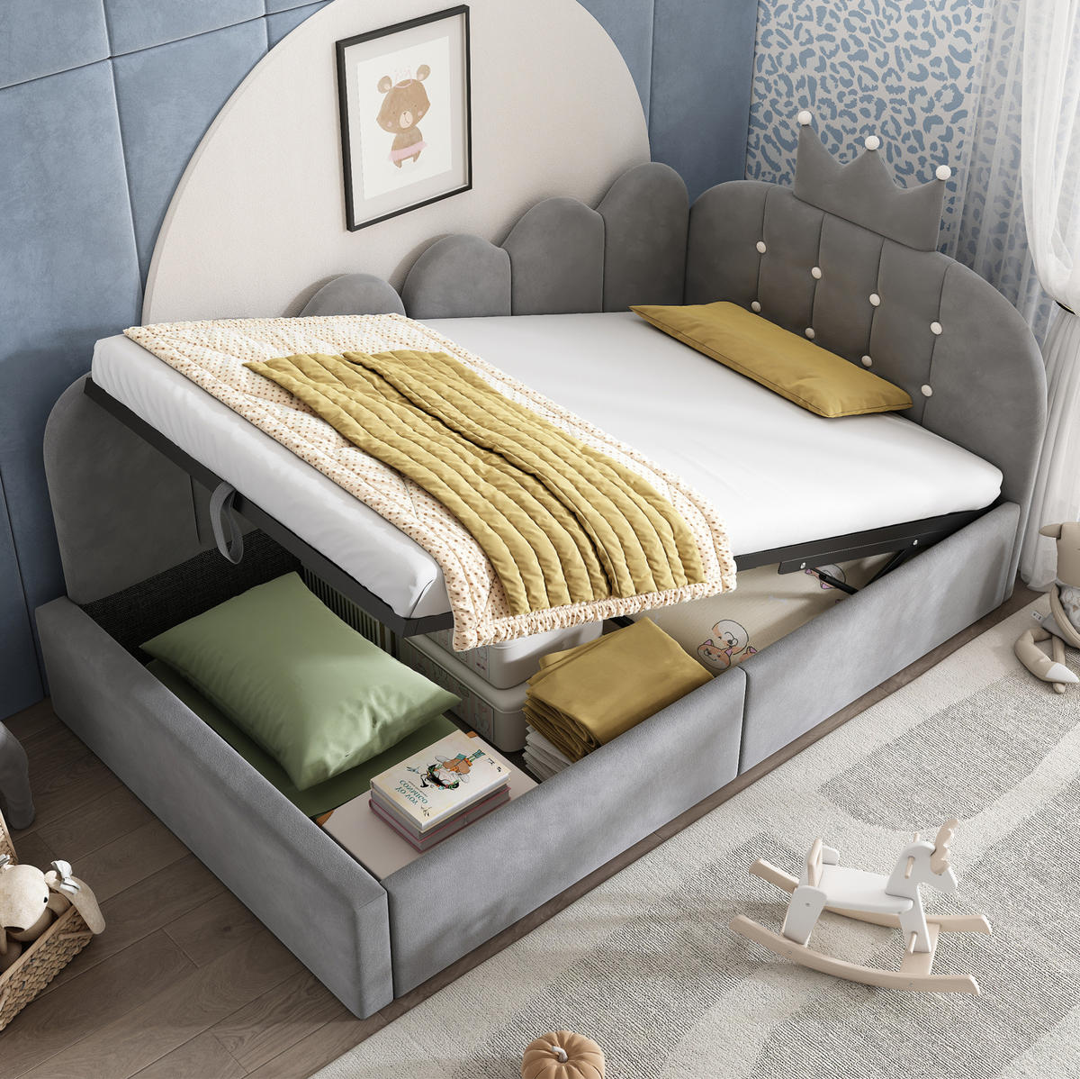 POLSTERBETT 90/200 cm Grau aus Samt mit Stauraum - Grau, Holz (90/200cm) - OKMYHOME