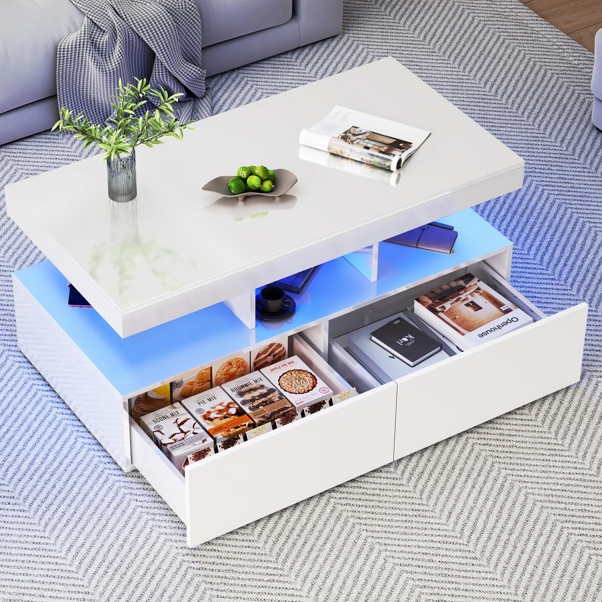 COUCHTISCH 104x53 cm mit LED, Steckdosen & 2 Schubladen, Weiß - Weiß, Metall (53/104/46cm) - EuroLiving