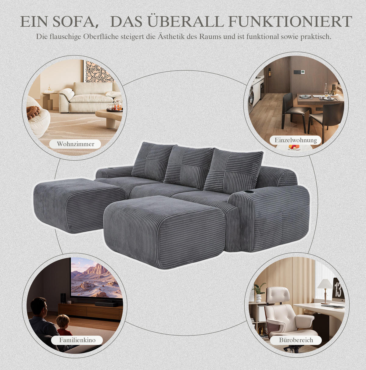 WOHNLANDSCHAFT 268/174/66 cm in Dunkelgrau, modular mit Cupholder und Seitentasche - Dunkelgrau, Textil (174/80/268cm) - Flora Grace