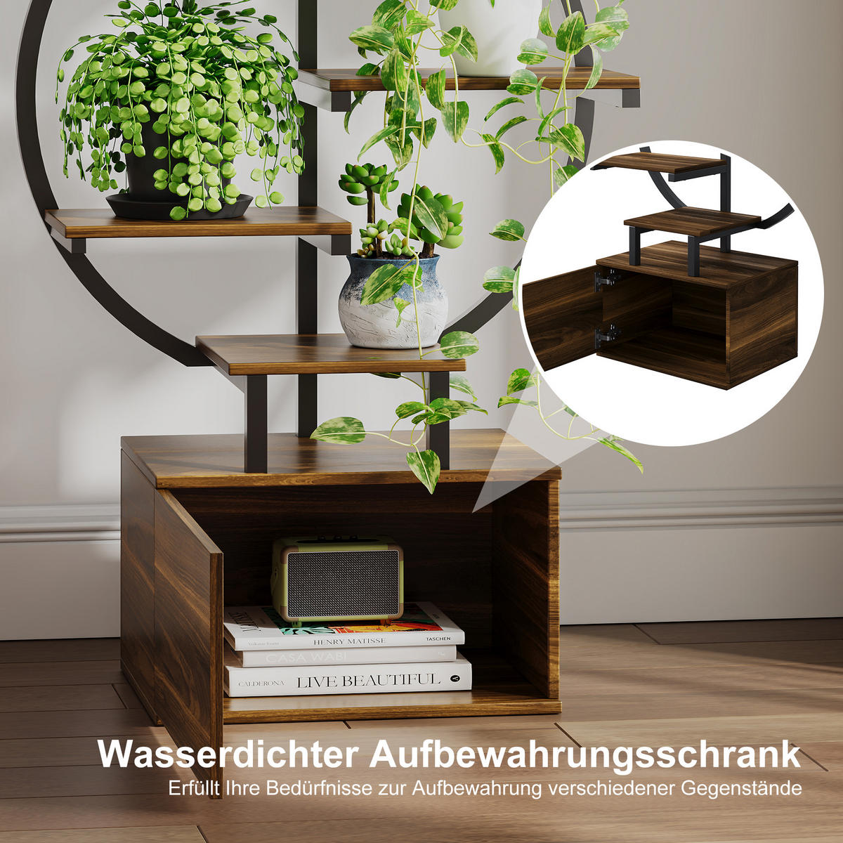 PFLANZENSTÄNDER 6 Ebenen LED Wachstumslampe Metall Ecke Kippschutz 142 cm - Braun, Holz (30/142/40cm) - Fortuna Lai