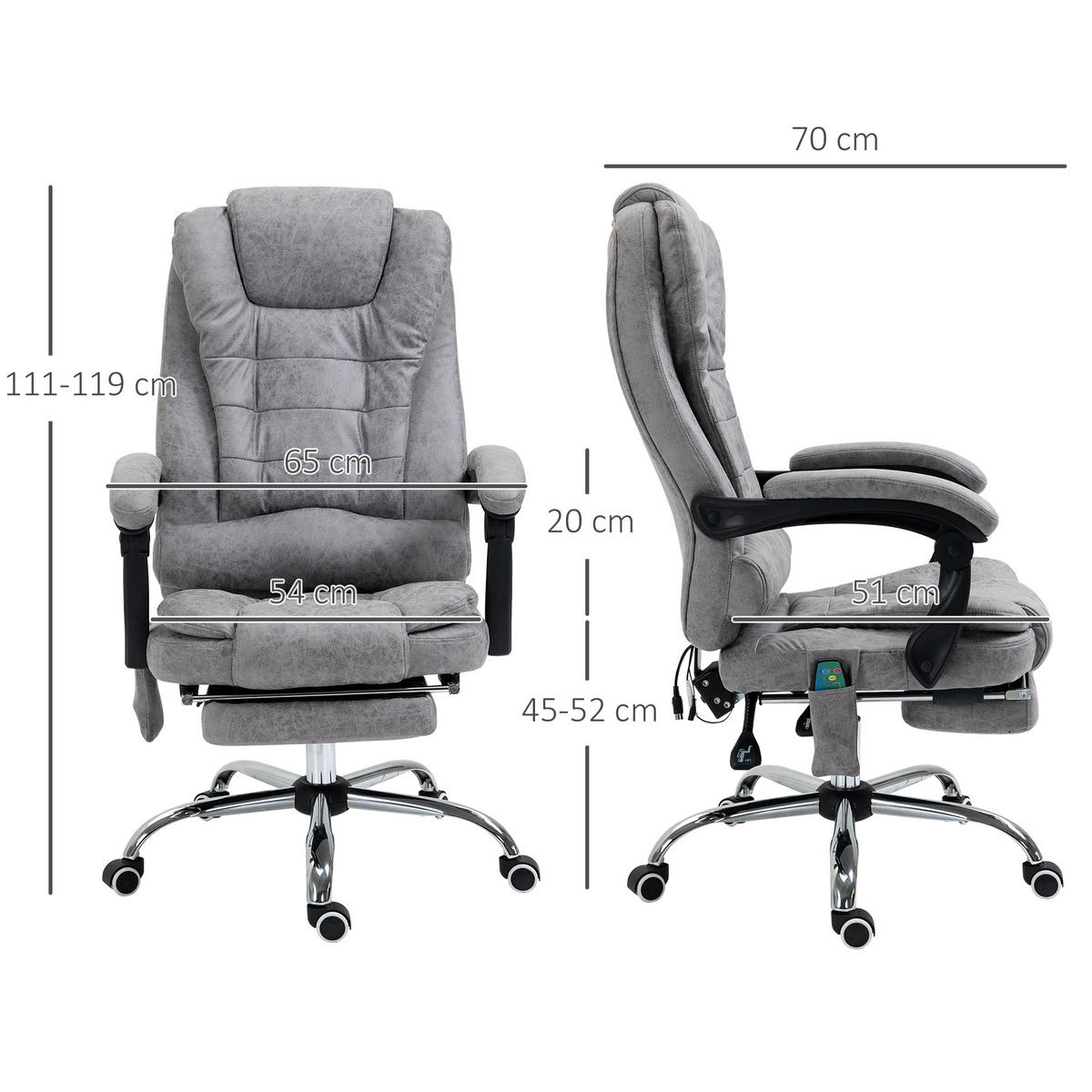CHEFSESSEL mit Massagefunktion, Schreibtischstuhl mit Liege- & Wärmefunktion Grau - Anthrazit/Silberfarben, Kunststoff/Textil (70/119/65cm) - Vinsetto