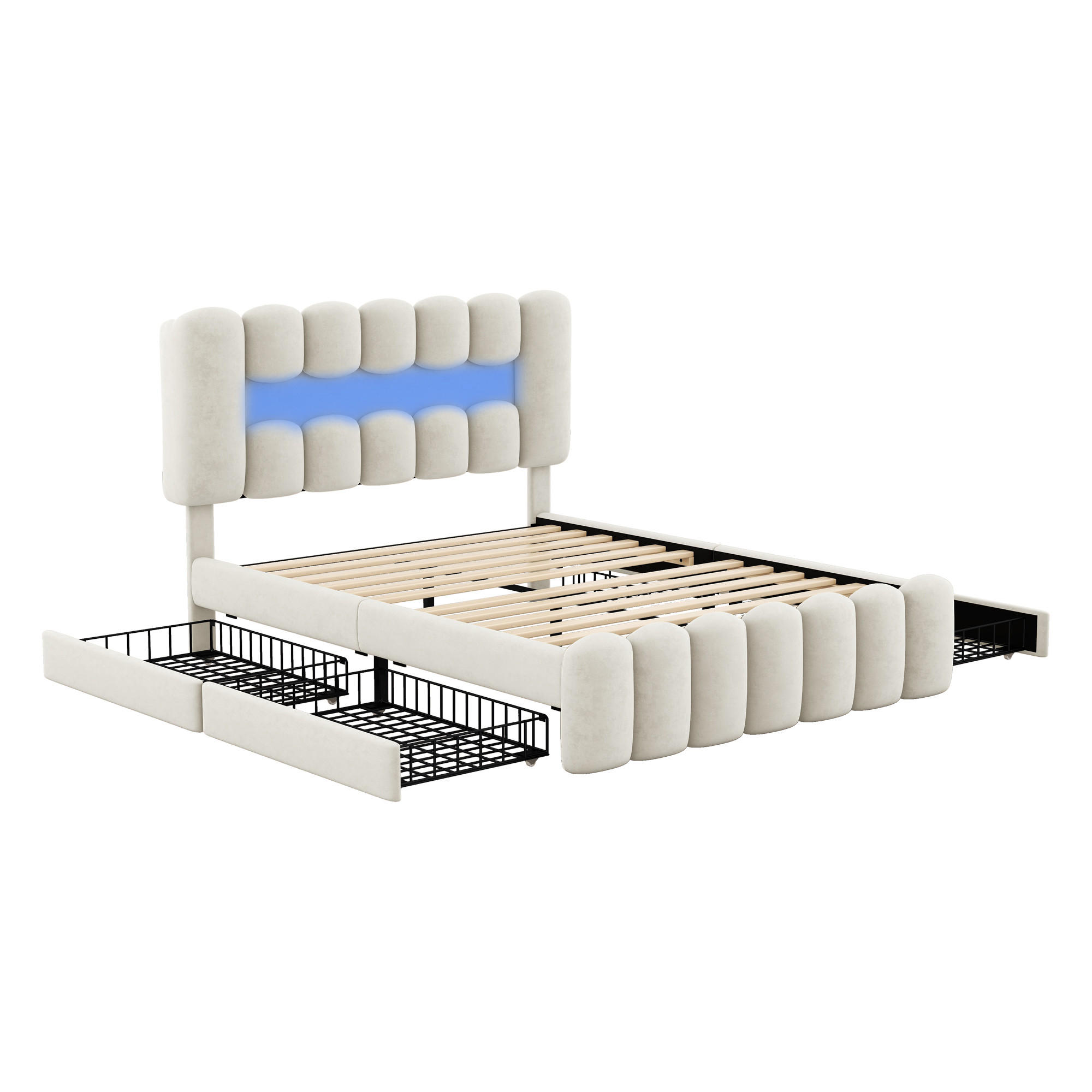 POLSTERBETT 160/200 cm DE-04705, mit 4 Schubladen, LED und Stereoanlage in Beige - Beige, Holzwerkstoff/Metall (160/200cm) - ComfortXL