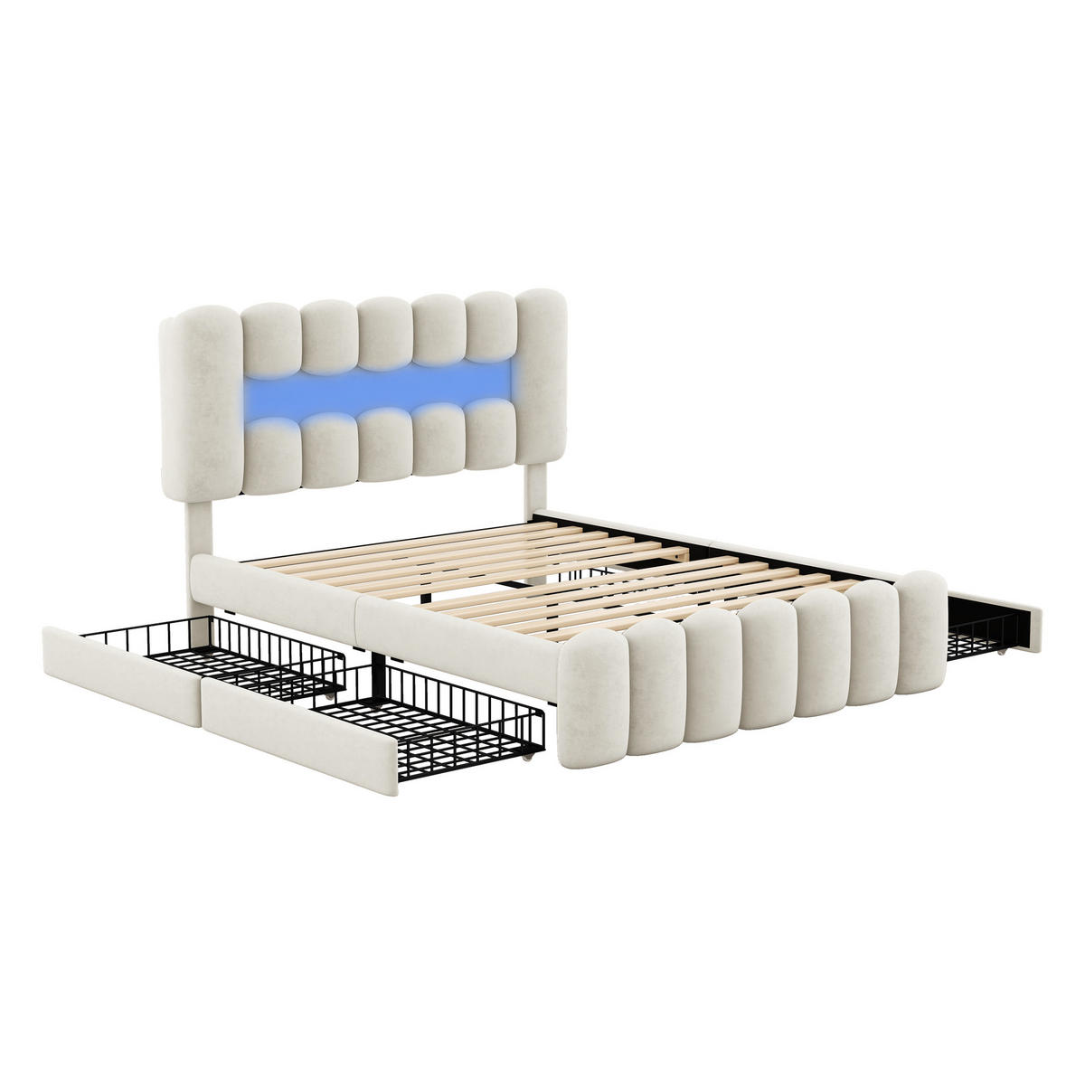 POLSTERBETT aus Samt 160x200 cm in Beige mit LED, USB, Lautsprechern & 4 Schubladen - Beige, Textil (160/200cm) - Modfu