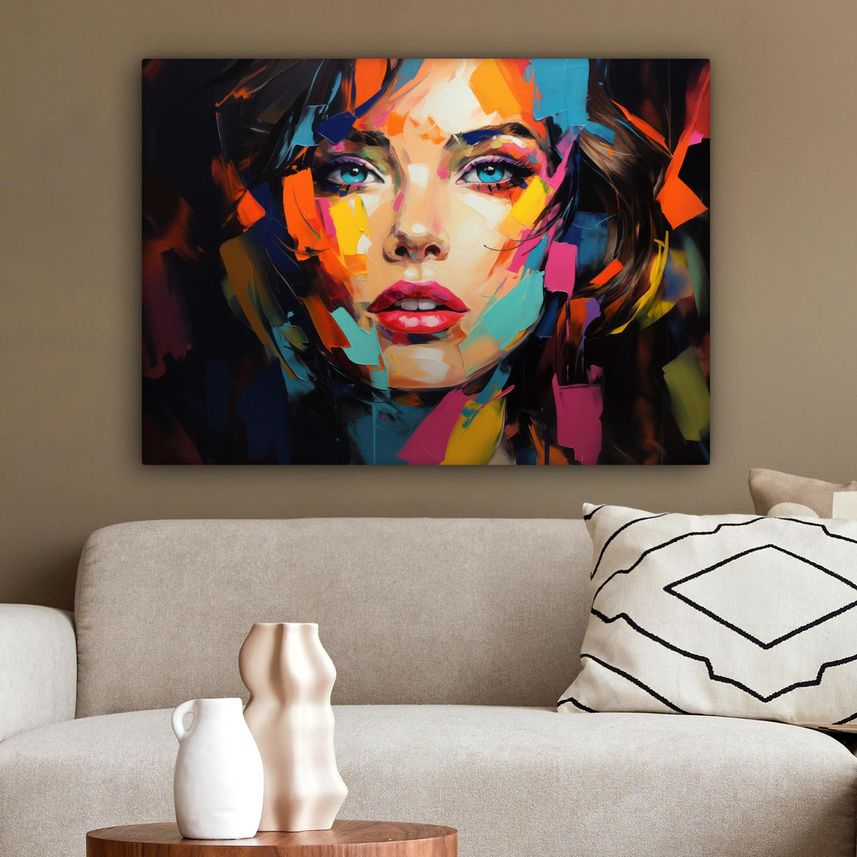 LEINWANDBILD Frau - Porträt - Farbenfroh - Kunst Wandbilder 80x60 cm - Multicolor, Textil (80/60cm) - MuchoWow
