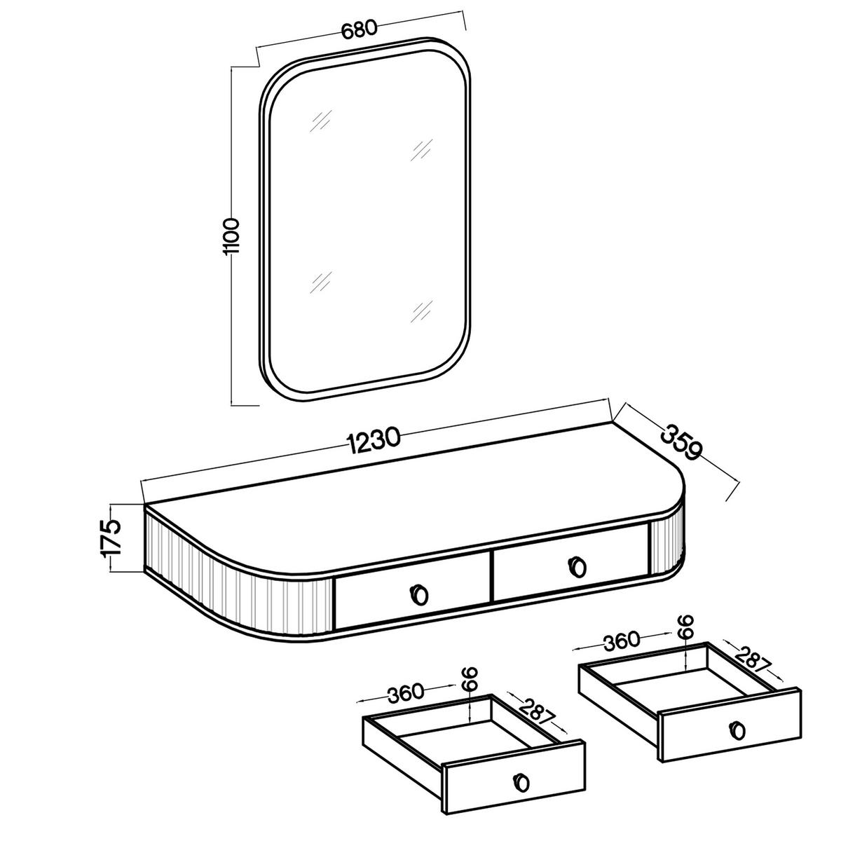 KONSOLENTISCH Halay Eiche Cremona 2 Schubladen mit runden Kanten + Rechteckiger Spiegel - Eichefarben/Schwarz, Holzwerkstoff/Metall (36/123/17.5cm) - AX Living